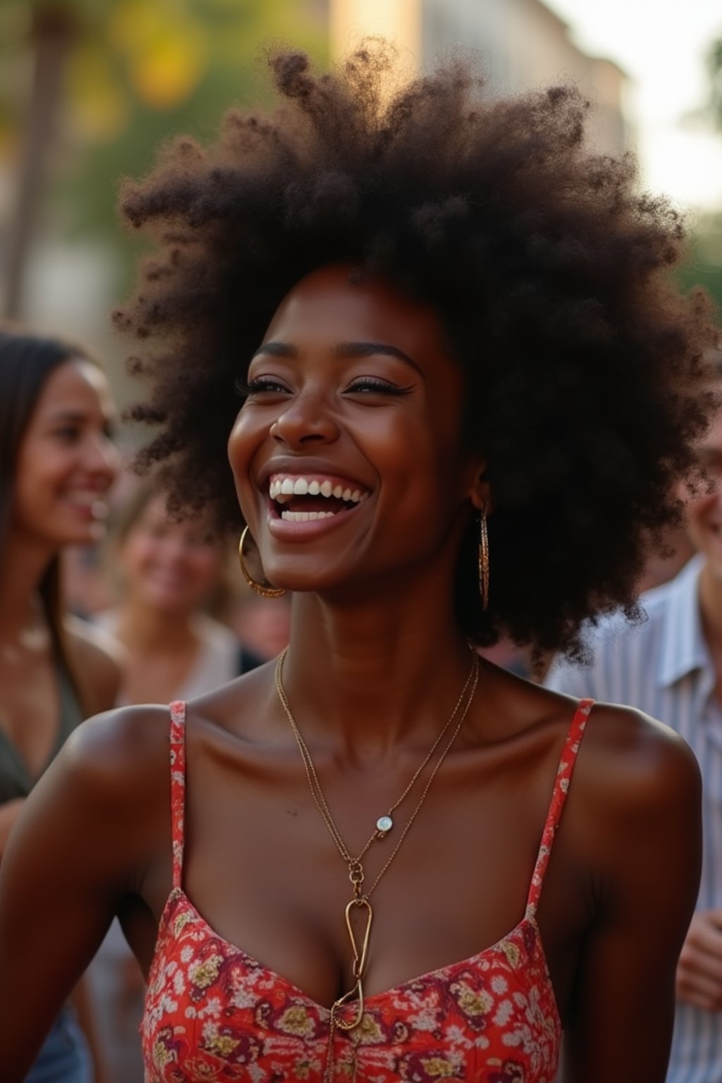 feminine woman laughing and hanging out with friends