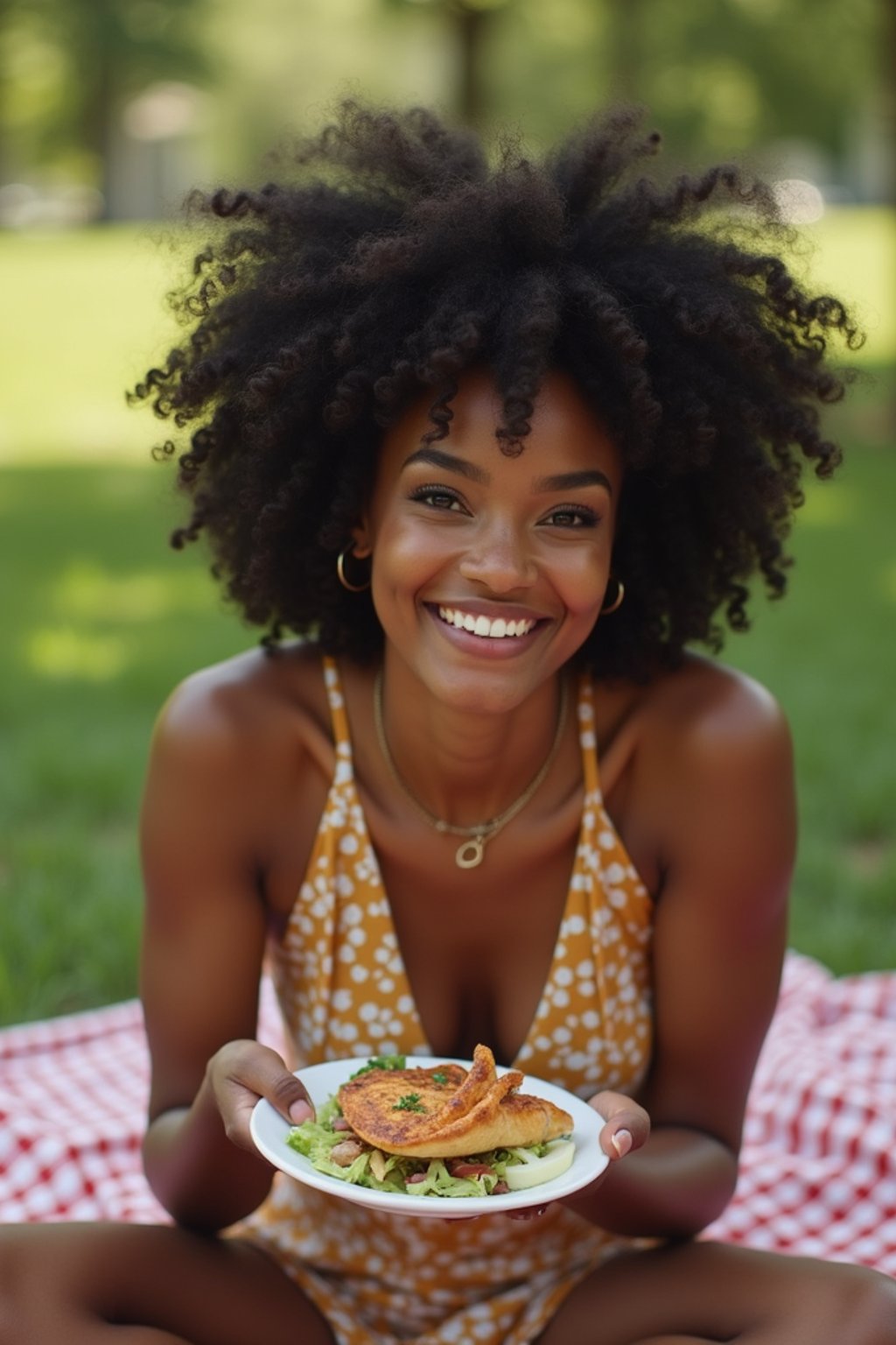 feminine woman having a fun outdoor picnic