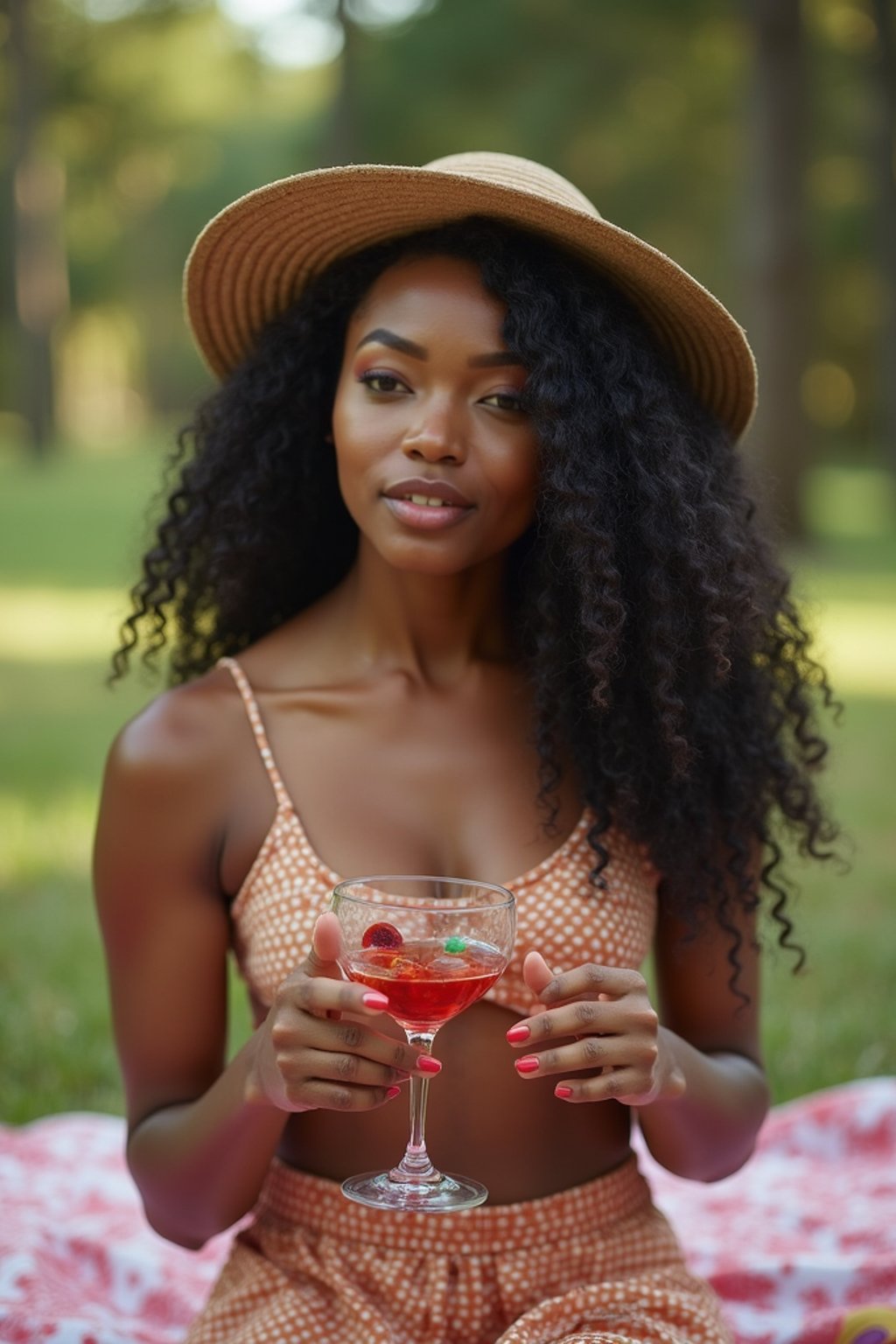 feminine woman having a fun outdoor picnic