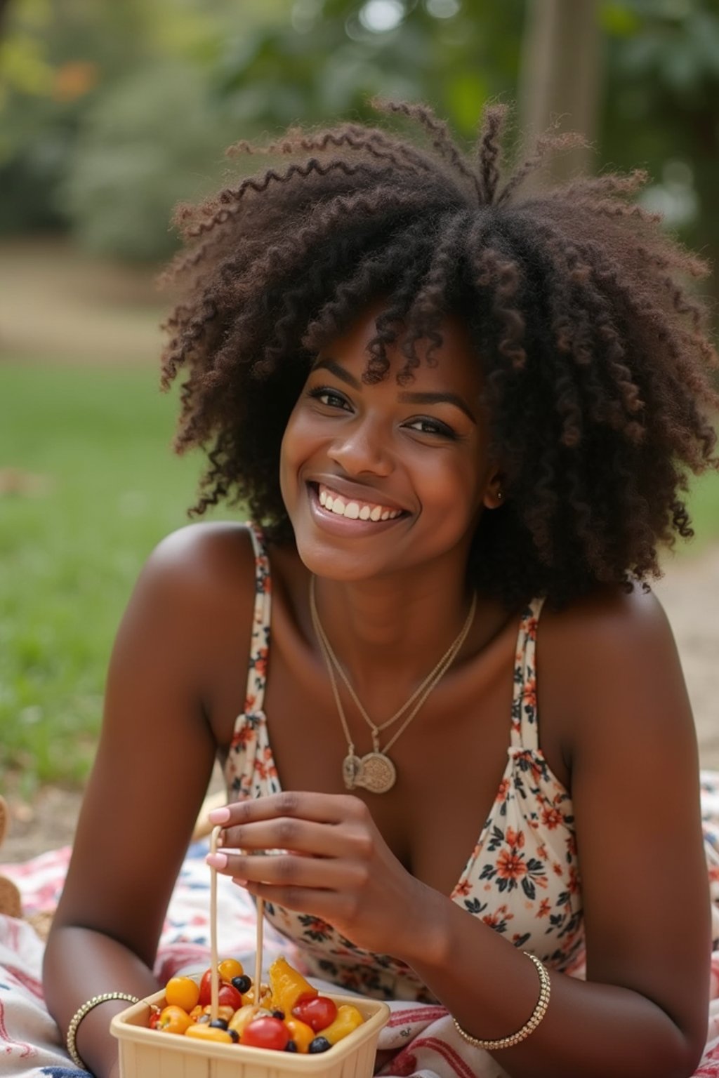 feminine woman having a fun outdoor picnic