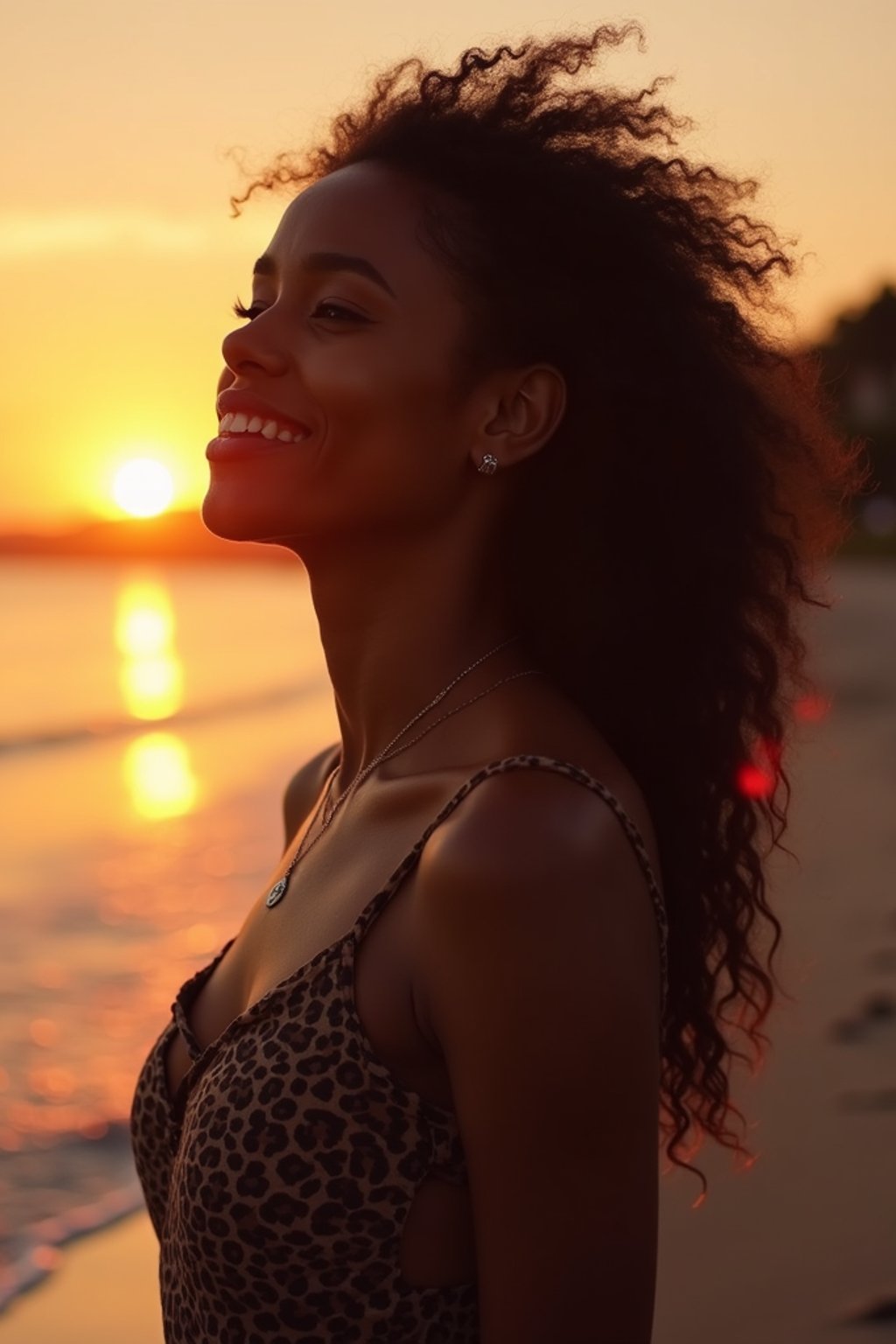 feminine woman enjoying a sunset at a beach or park