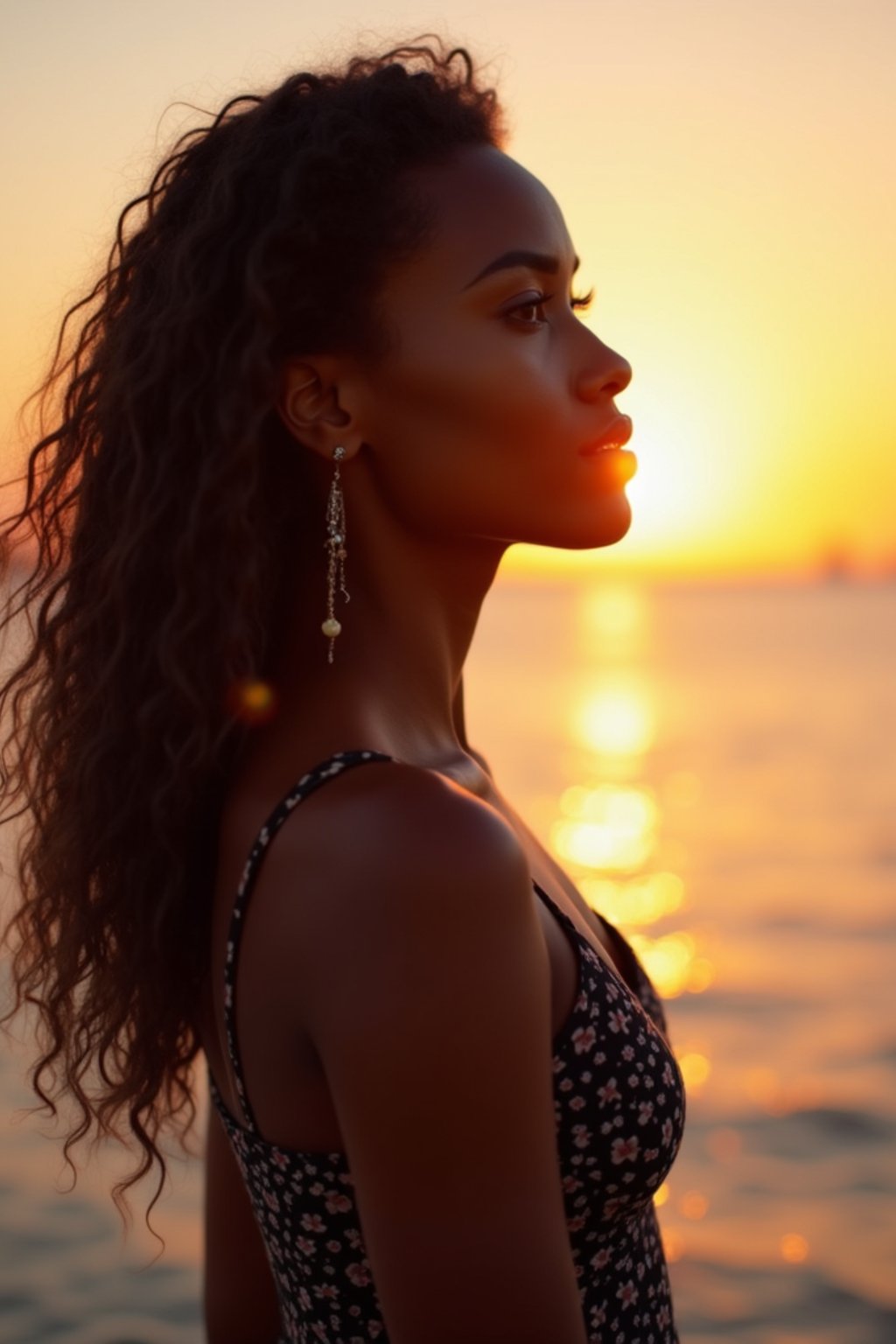 feminine woman enjoying a sunset at a beach or park