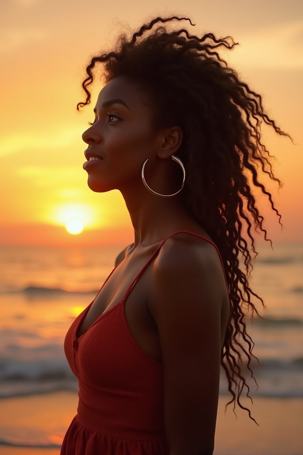 feminine woman enjoying a sunset at a beach or park