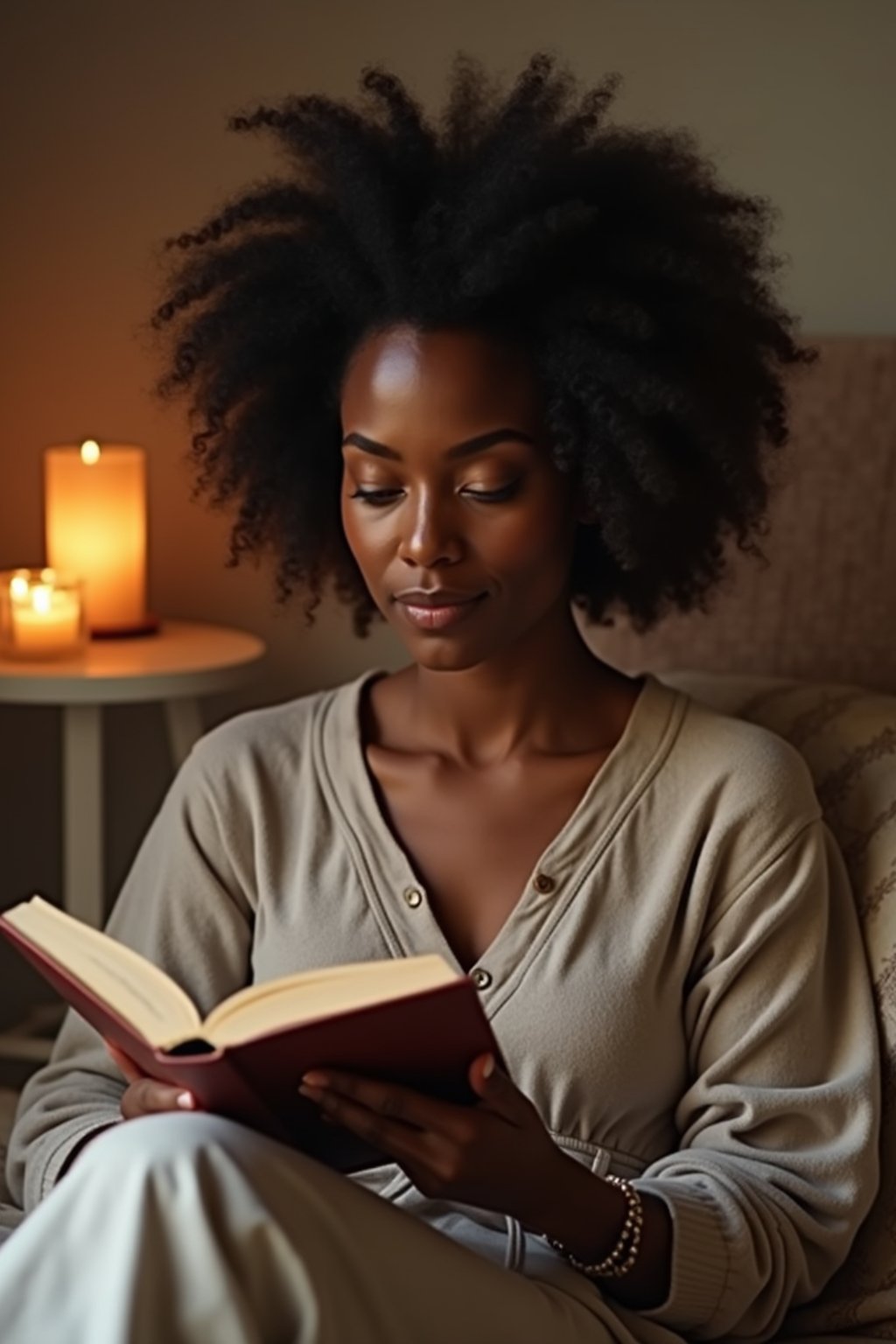 feminine woman reading a book in a cozy home environment