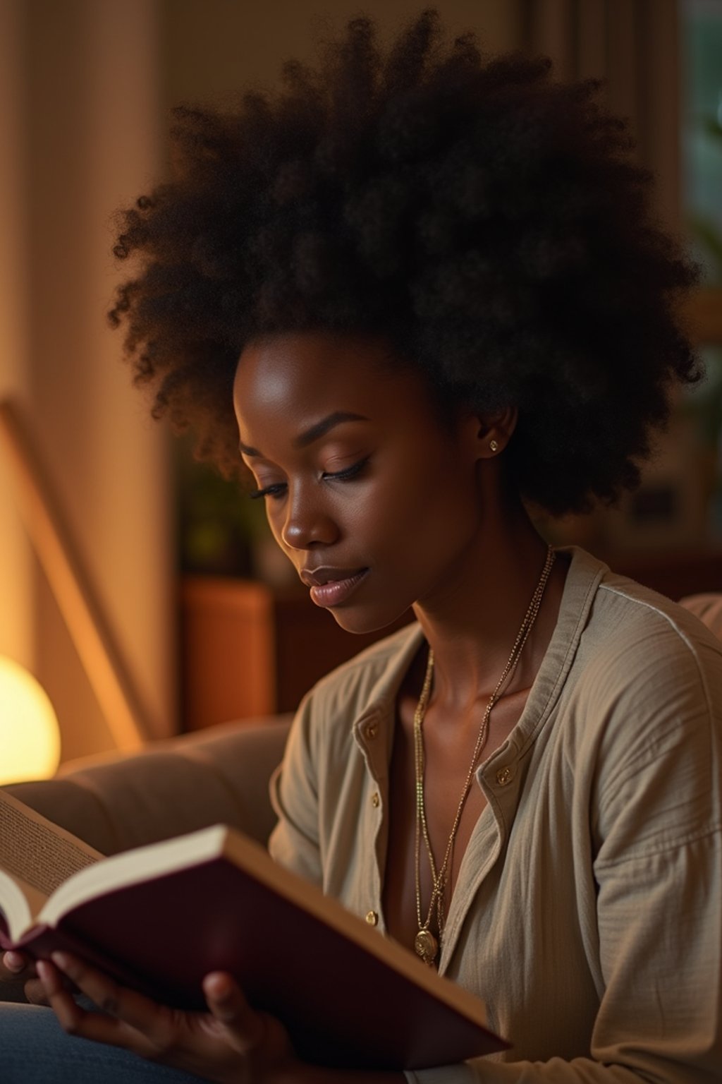 feminine woman reading a book in a cozy home environment