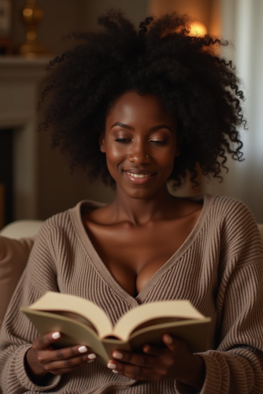 feminine woman reading a book in a cozy home environment