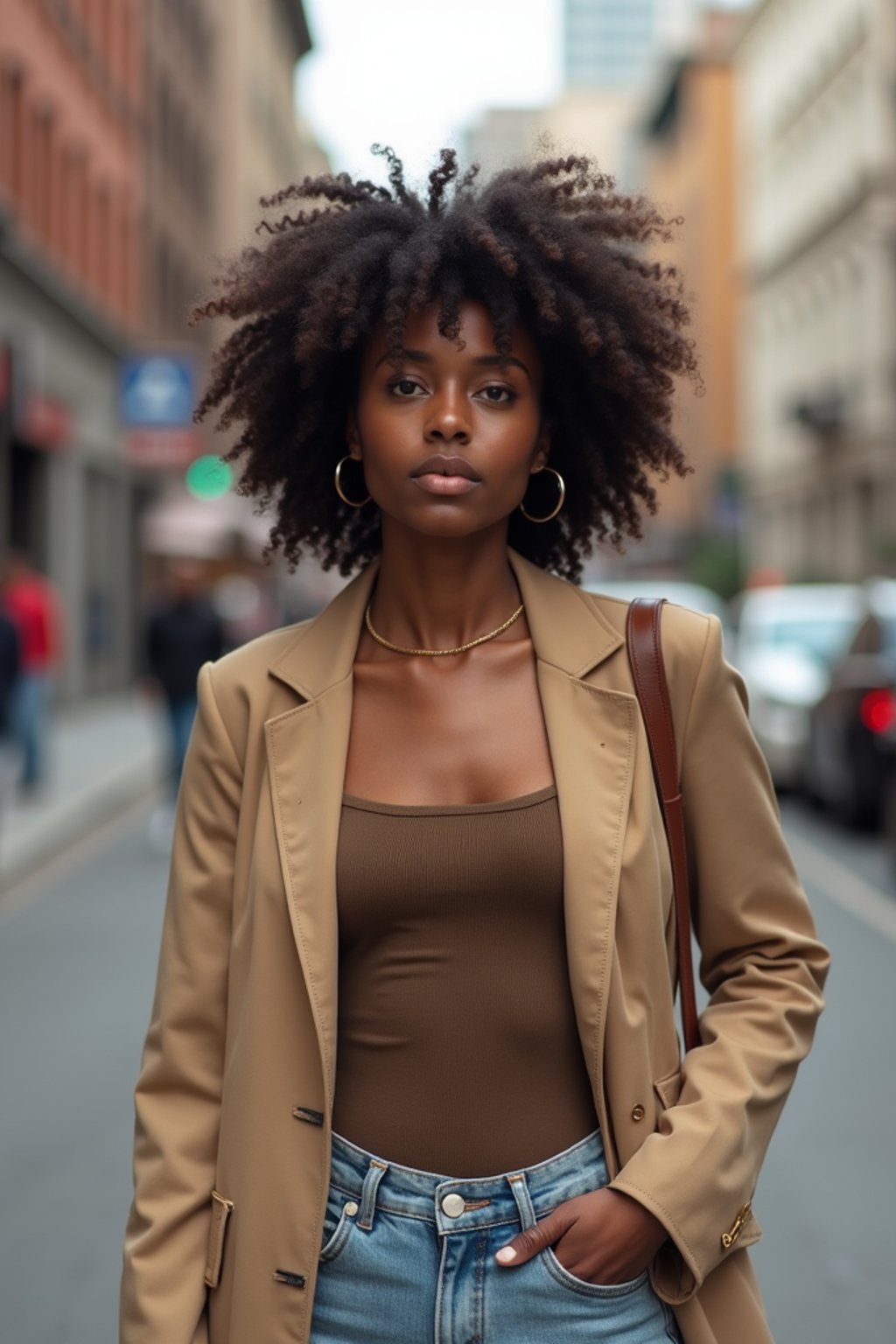 feminine woman taking a casual stroll through a cityscape