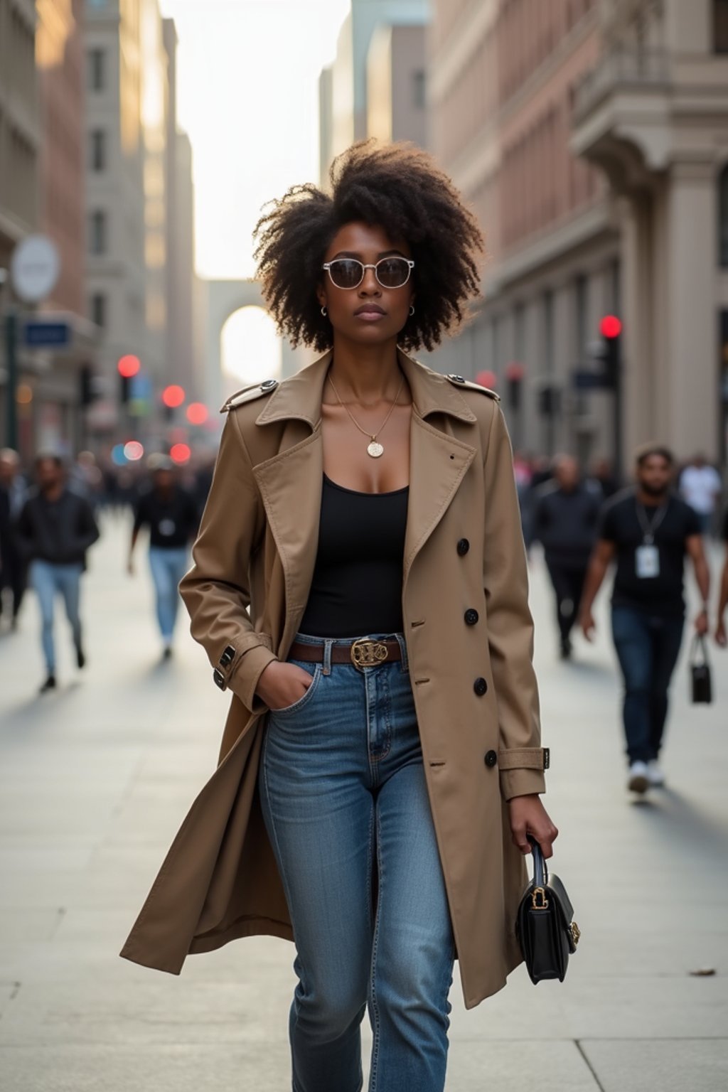 feminine woman taking a casual stroll through a cityscape