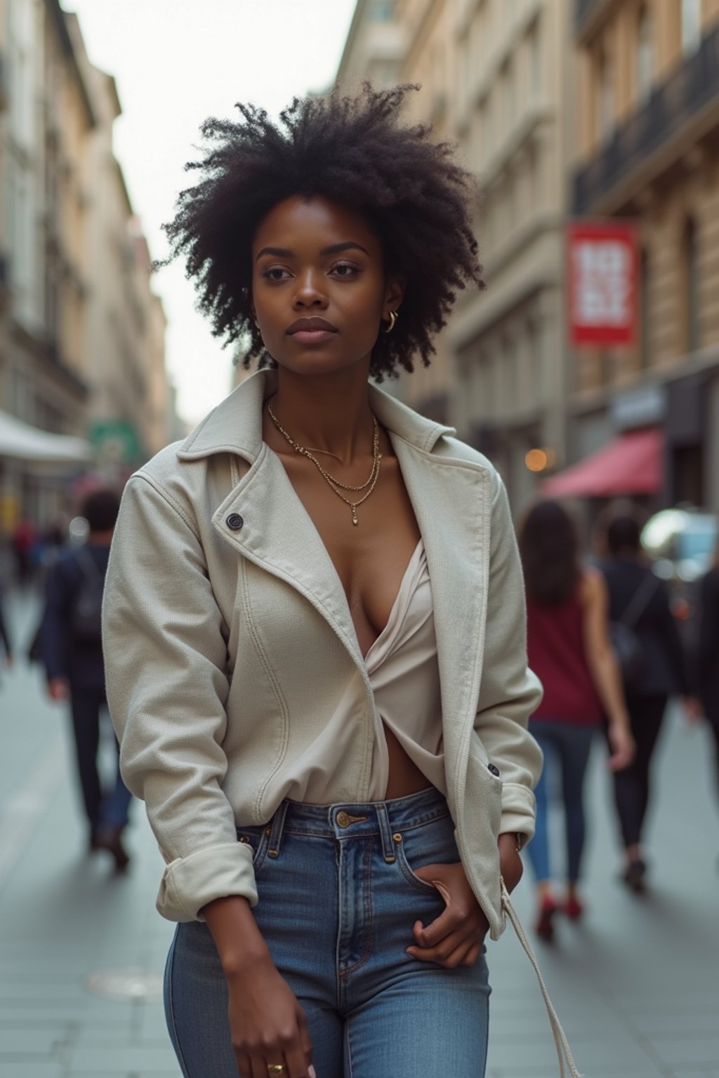 feminine woman taking a casual stroll through a cityscape