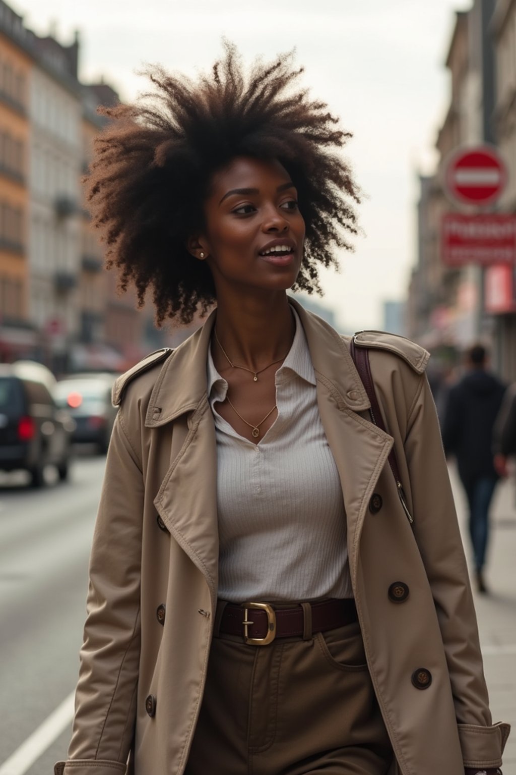 feminine woman taking a casual stroll through a cityscape