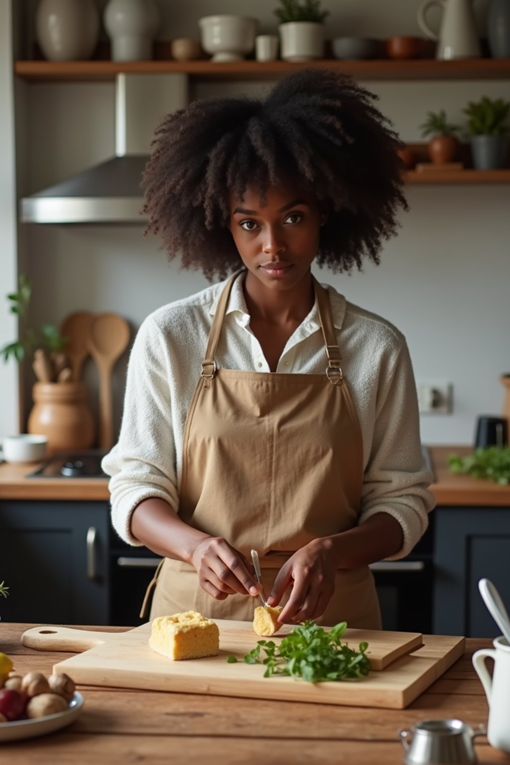 feminine woman cooking or baking in a modern kitchen