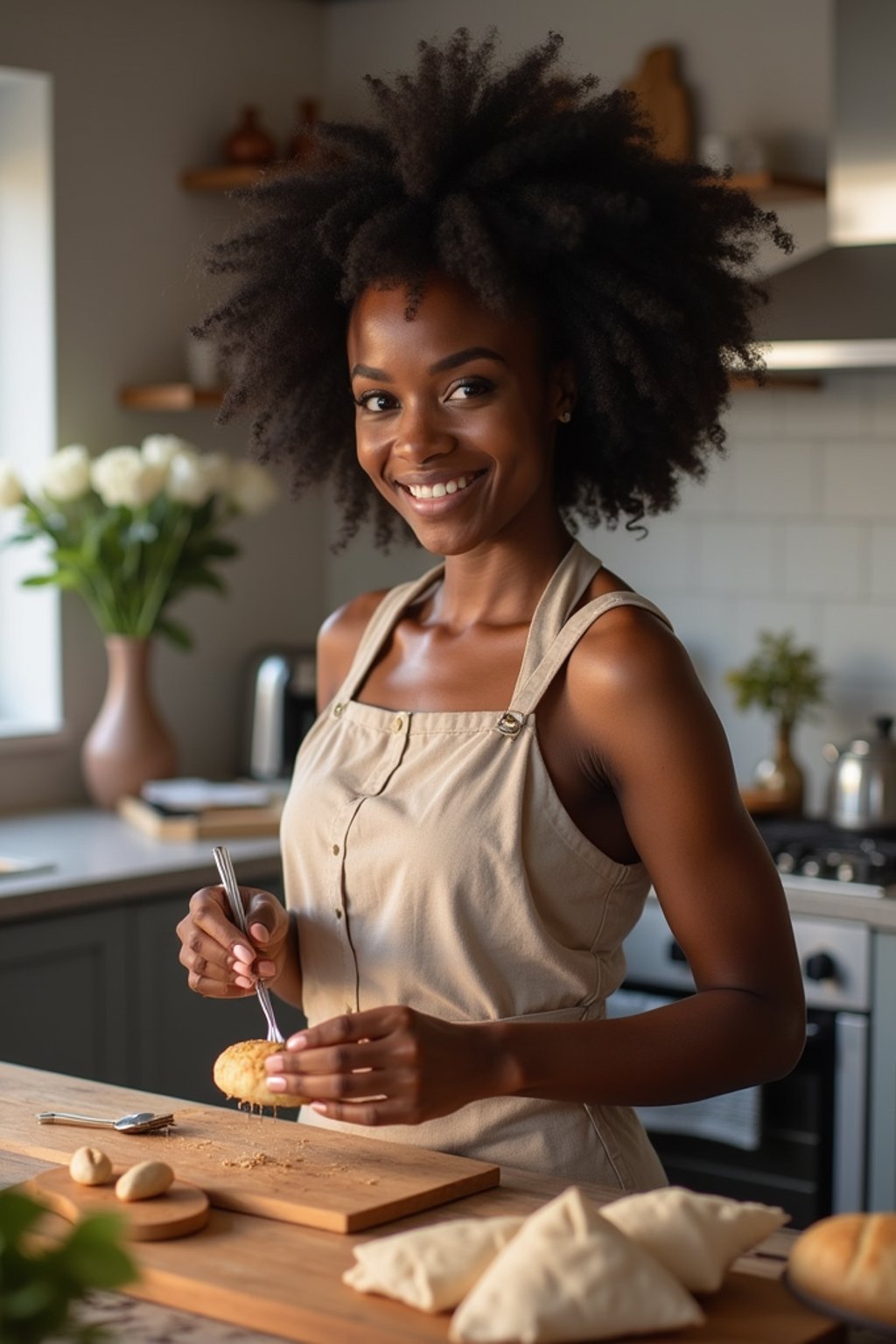 feminine woman cooking or baking in a modern kitchen