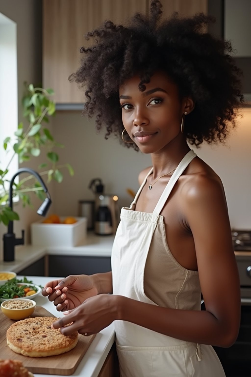 feminine woman cooking or baking in a modern kitchen