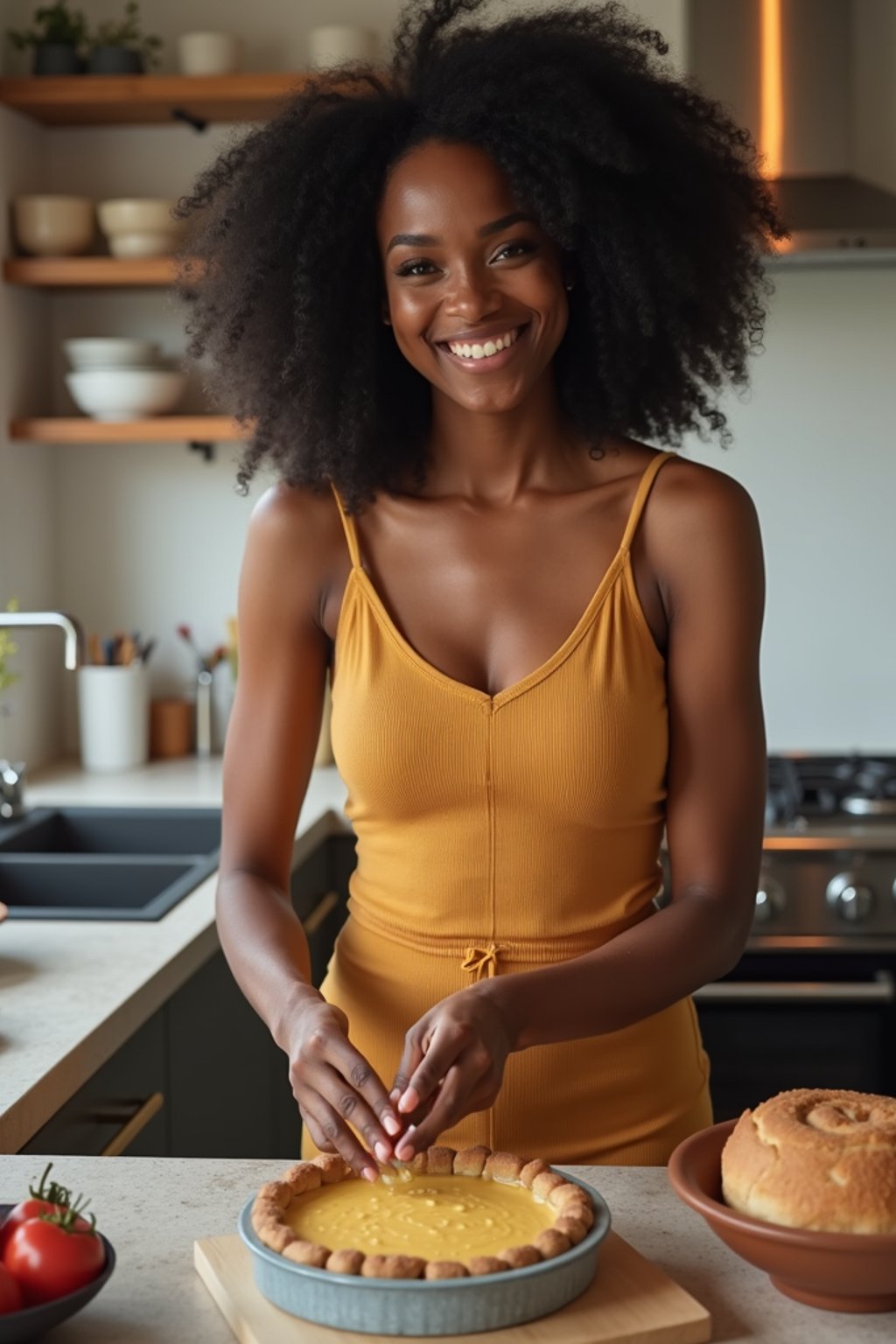 feminine woman cooking or baking in a modern kitchen