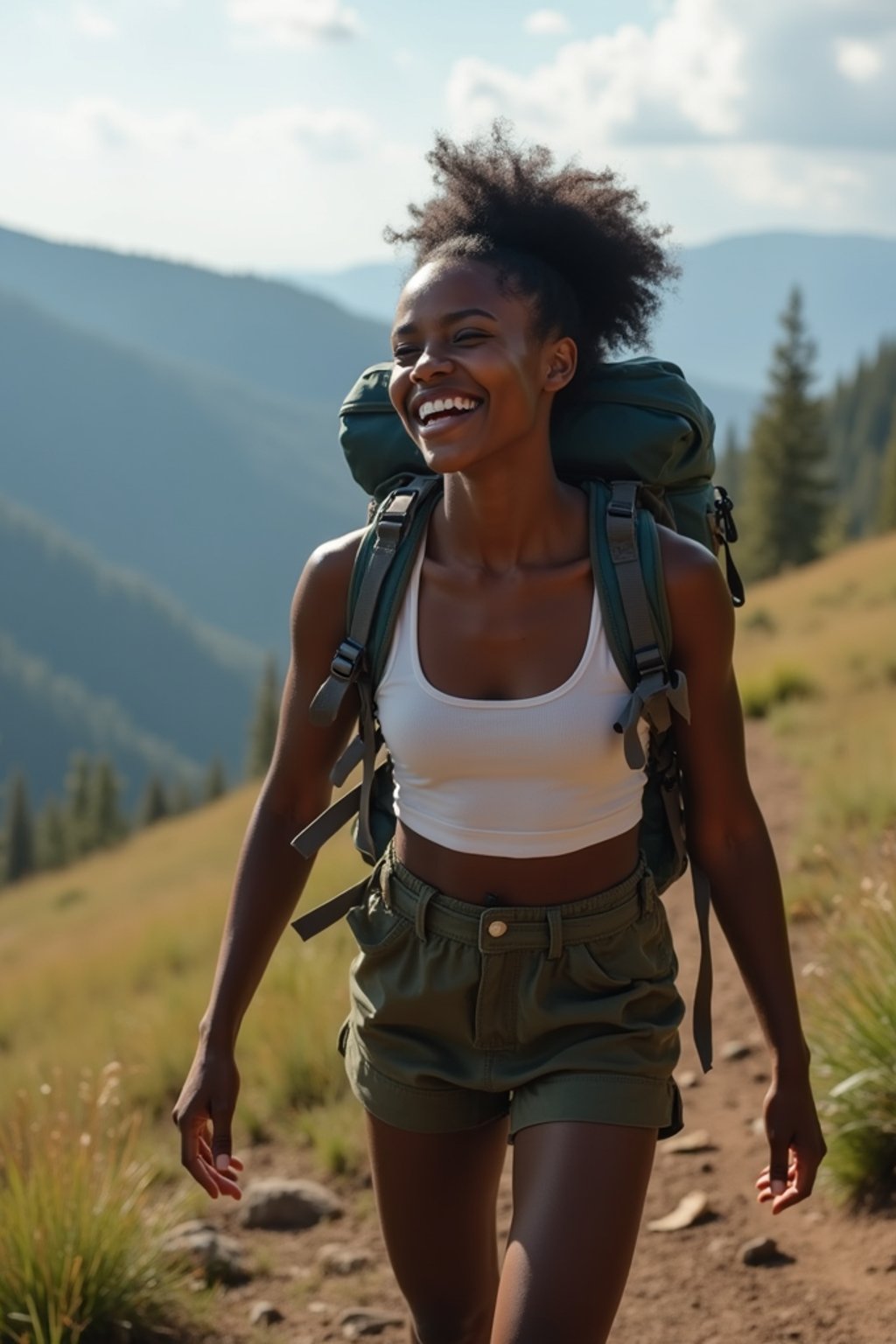 feminine woman in going hiking outdoors in mountains