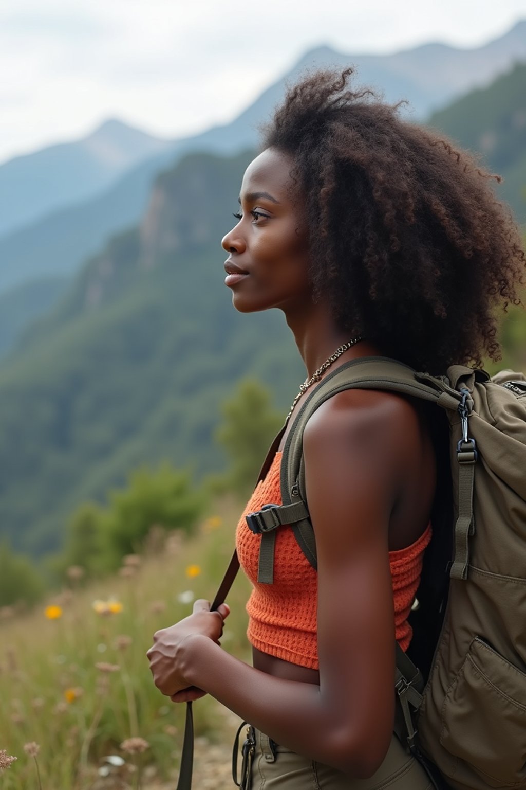 feminine woman in going hiking outdoors in mountains