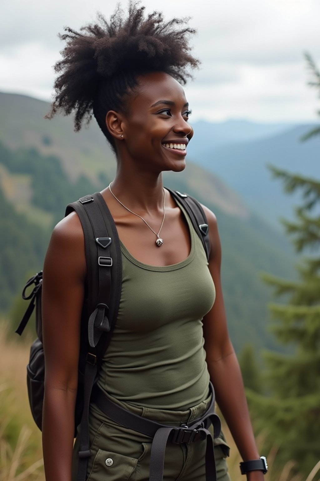 feminine woman in going hiking outdoors in mountains