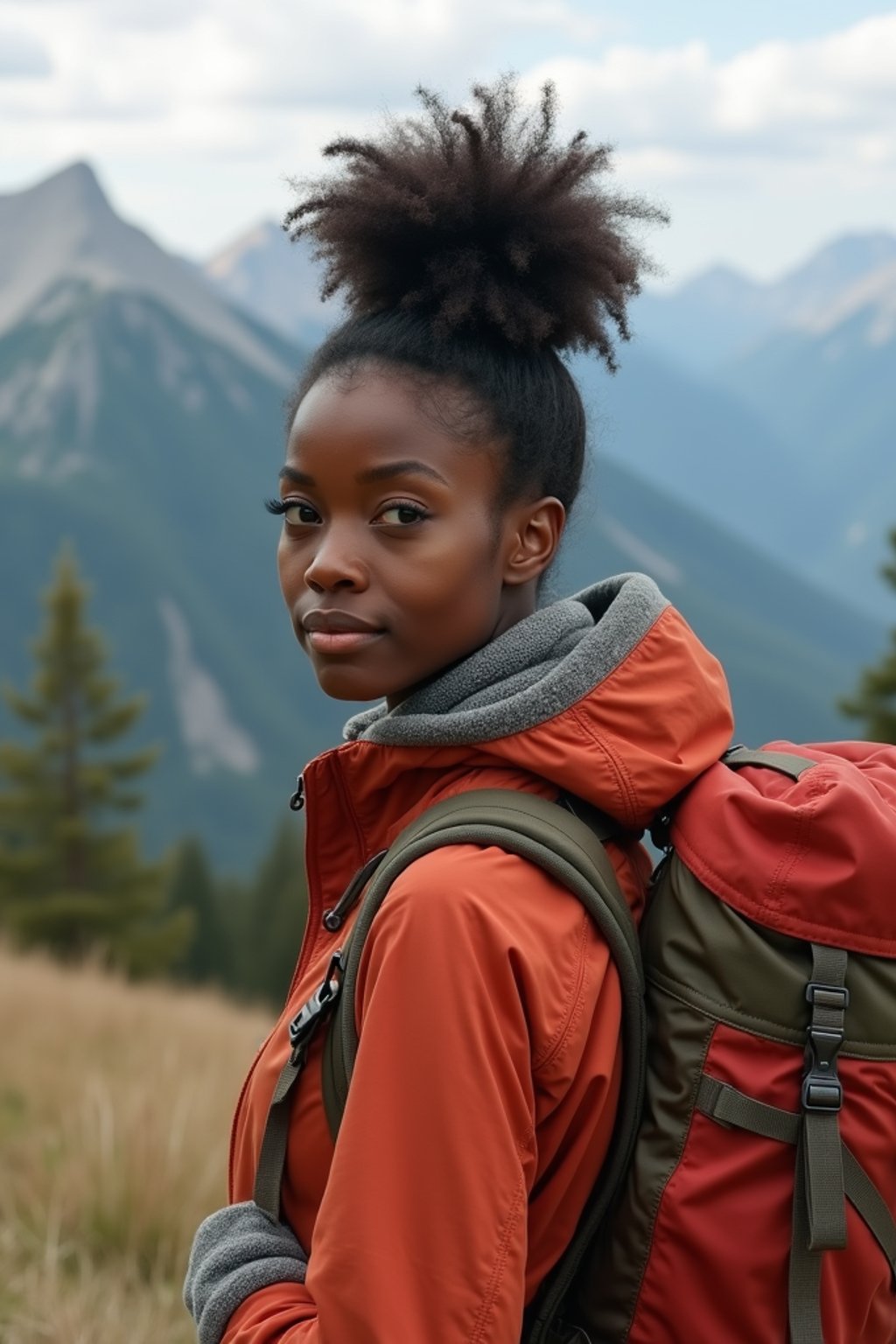 feminine woman in going hiking outdoors in mountains