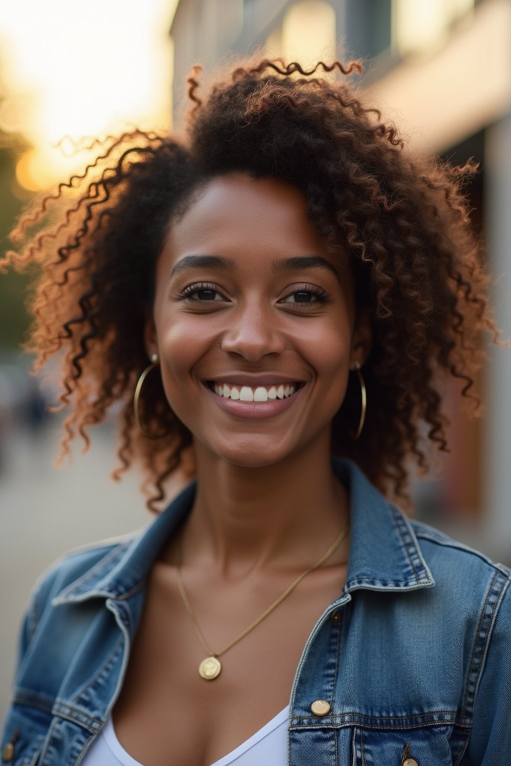 headshot of smiling woman wearing casual clothes posing for dating app headshot. outdoor blurry background. the lighting is warm, possibly from a setting sun, creating a soft glow around him, enhancing the casual and relaxed vibe of the image. the setting seems to be outdoors, likely in an urban environment, with the blurred background hinting at a street or park-like area. this image likely portrays a youthful, active, and approachable individual, possibly in a lifestyle or fashion-related context.