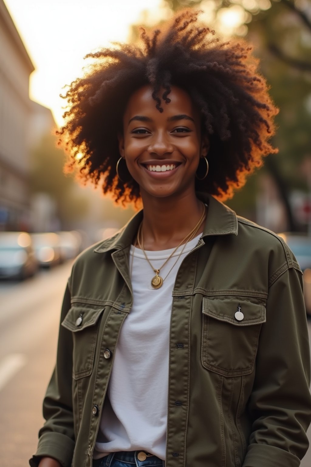 headshot of smiling woman wearing casual clothes posing for dating app headshot. outdoor blurry background. the lighting is warm, possibly from a setting sun, creating a soft glow around him, enhancing the casual and relaxed vibe of the image. the setting seems to be outdoors, likely in an urban environment, with the blurred background hinting at a street or park-like area. this image likely portrays a youthful, active, and approachable individual, possibly in a lifestyle or fashion-related context.