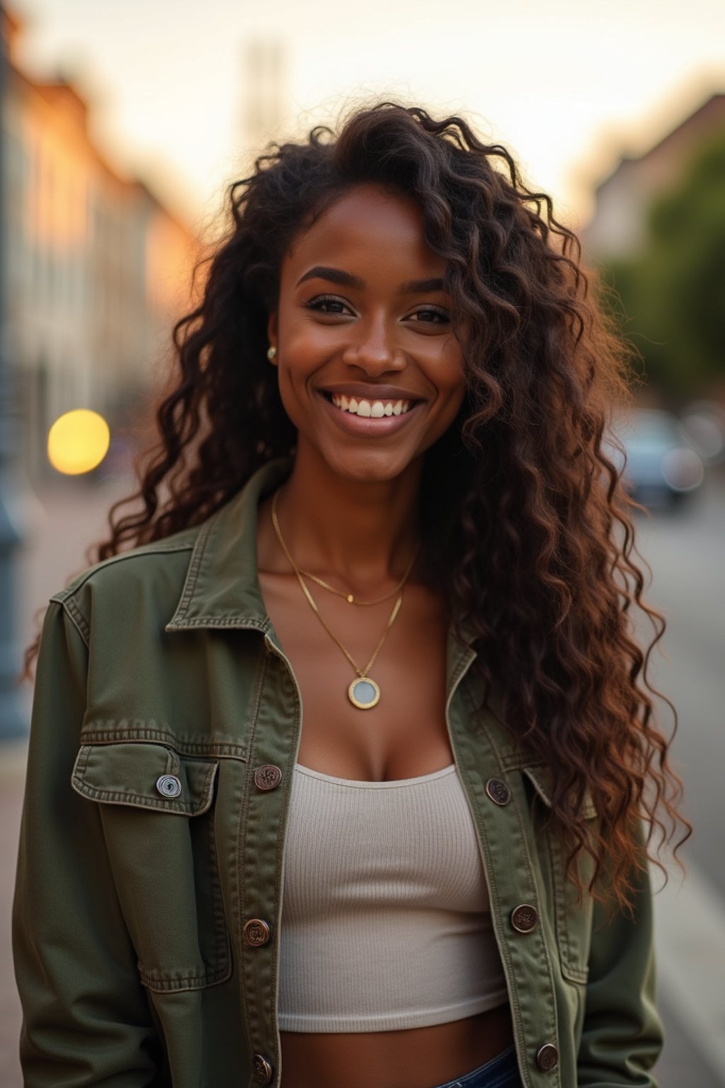 headshot of smiling woman wearing casual clothes posing for dating app headshot. outdoor blurry background. the lighting is warm, possibly from a setting sun, creating a soft glow around him, enhancing the casual and relaxed vibe of the image. the setting seems to be outdoors, likely in an urban environment, with the blurred background hinting at a street or park-like area. this image likely portrays a youthful, active, and approachable individual, possibly in a lifestyle or fashion-related context.