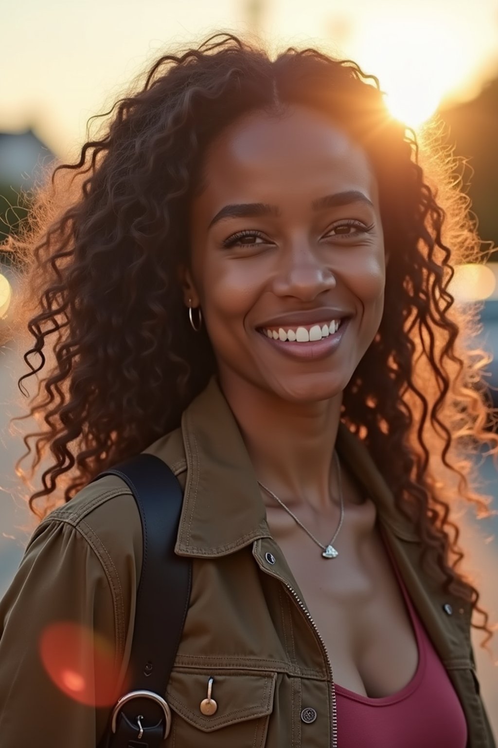 headshot of smiling woman wearing casual clothes posing for dating app headshot. outdoor blurry background. the lighting is warm, possibly from a setting sun, creating a soft glow around him, enhancing the casual and relaxed vibe of the image. the setting seems to be outdoors, likely in an urban environment, with the blurred background hinting at a street or park-like area. this image likely portrays a youthful, active, and approachable individual, possibly in a lifestyle or fashion-related context.