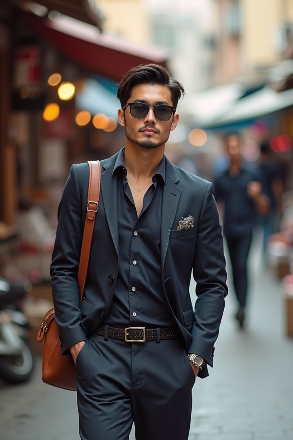 a stylish masculine  man exploring a street market