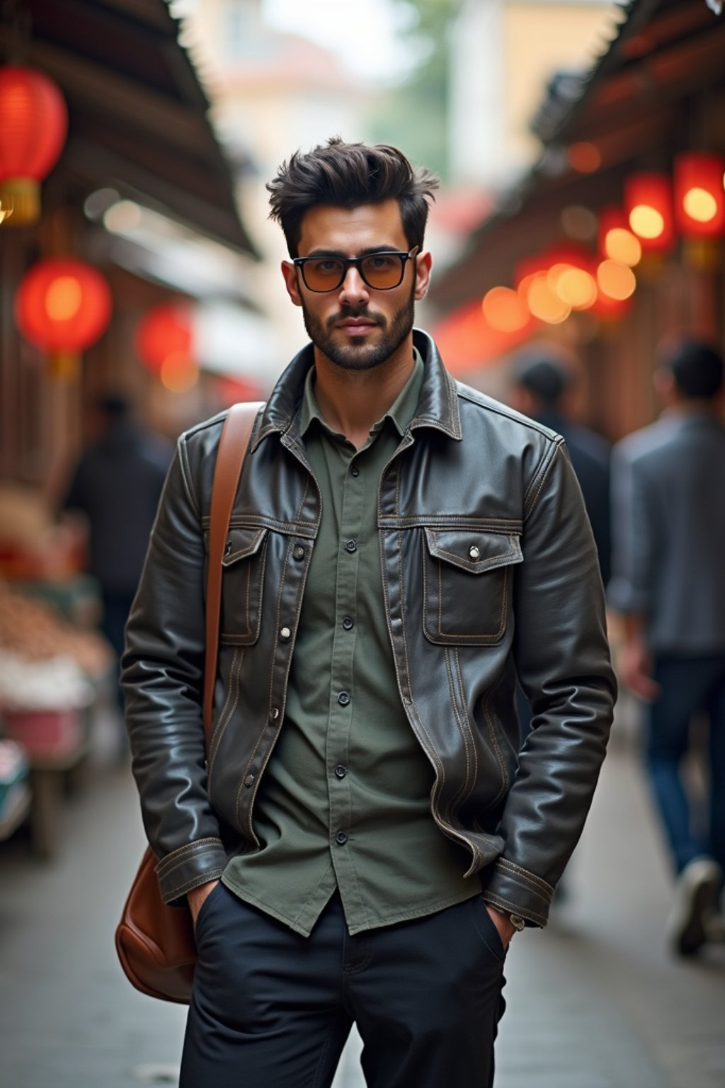 a stylish masculine  man exploring a street market