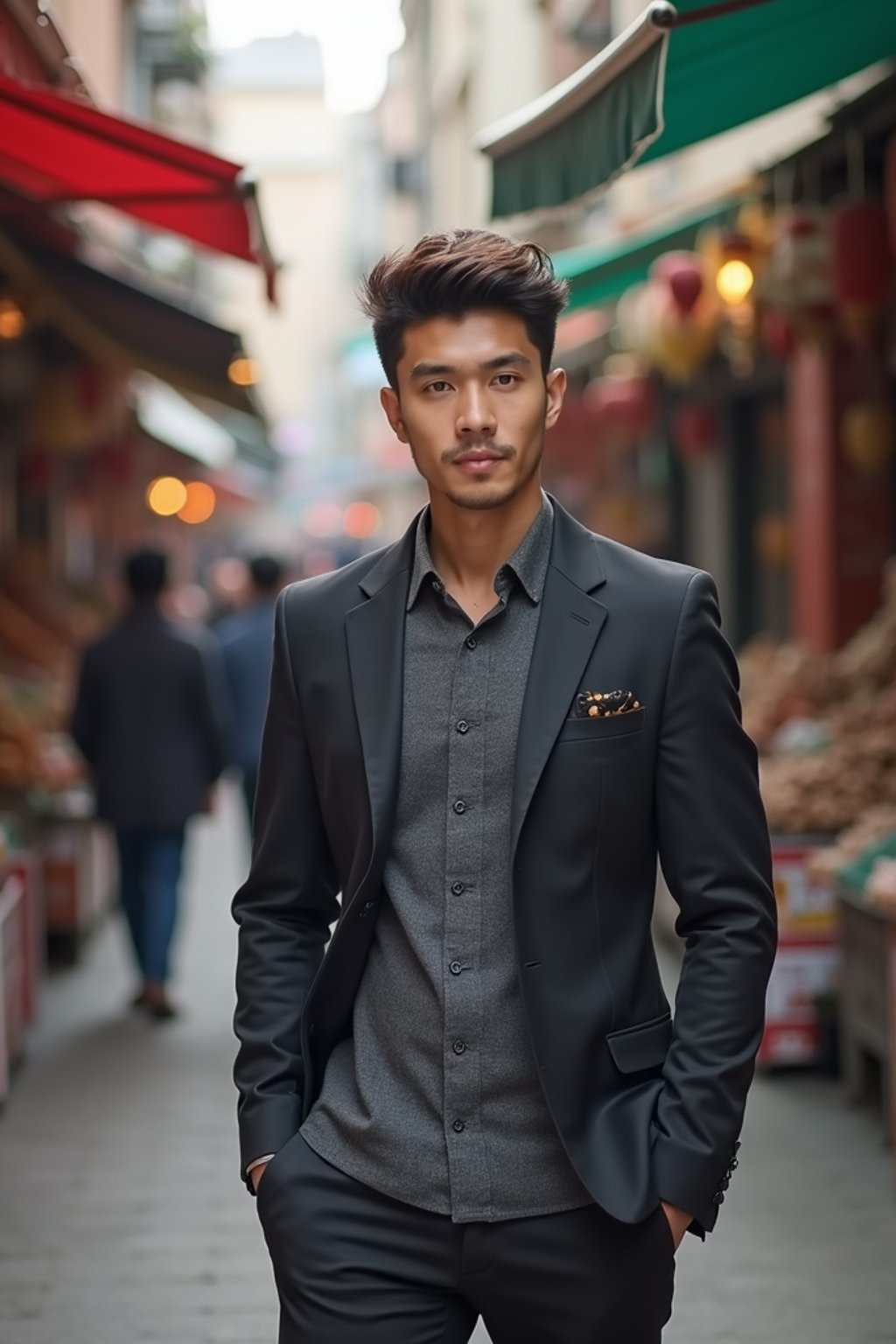 a stylish masculine  man exploring a street market