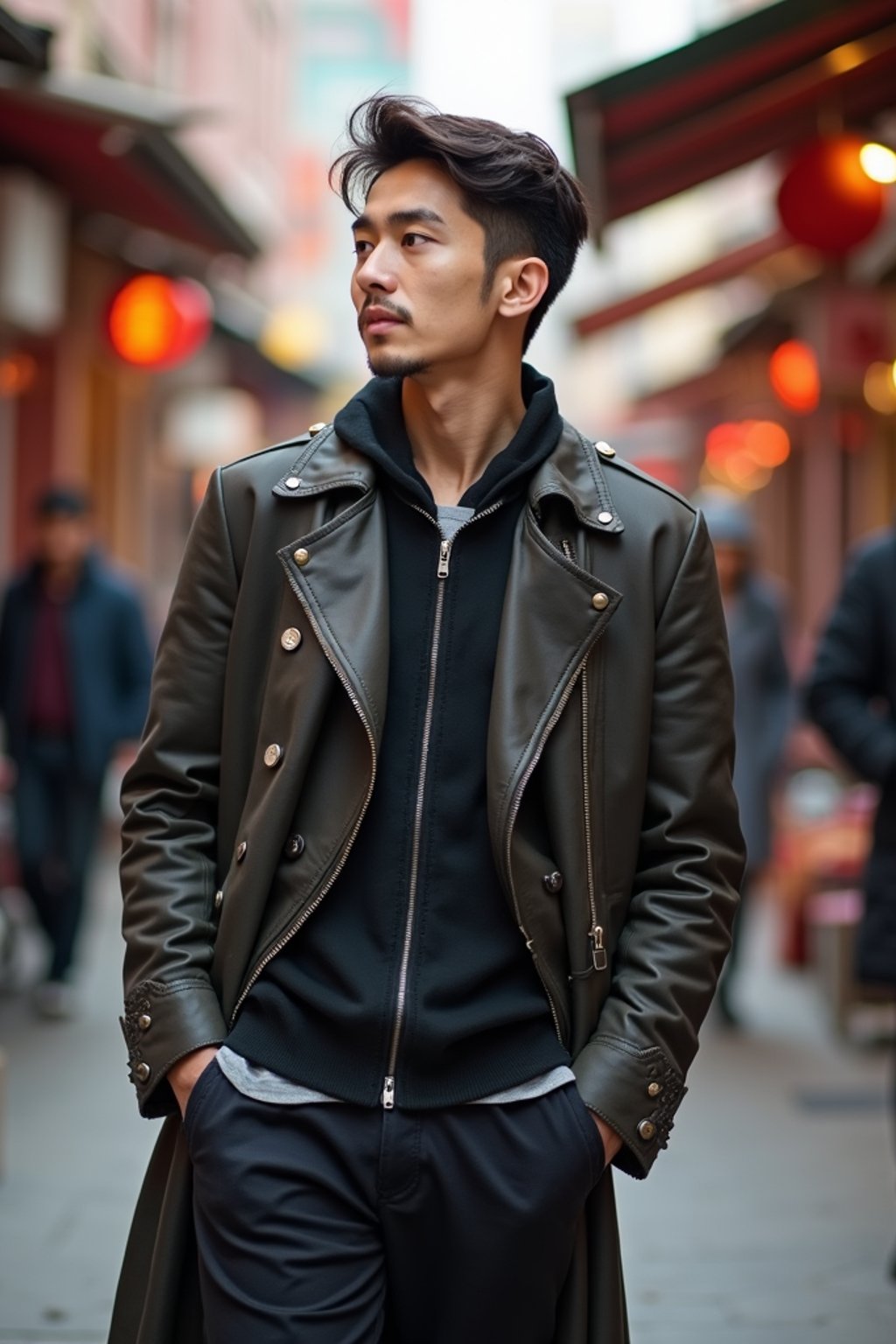 a stylish masculine  man exploring a street market