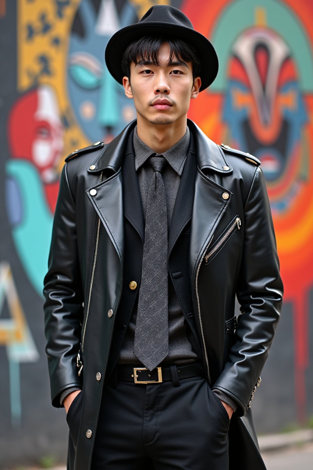 a fashionable masculine  man posing in front of street art