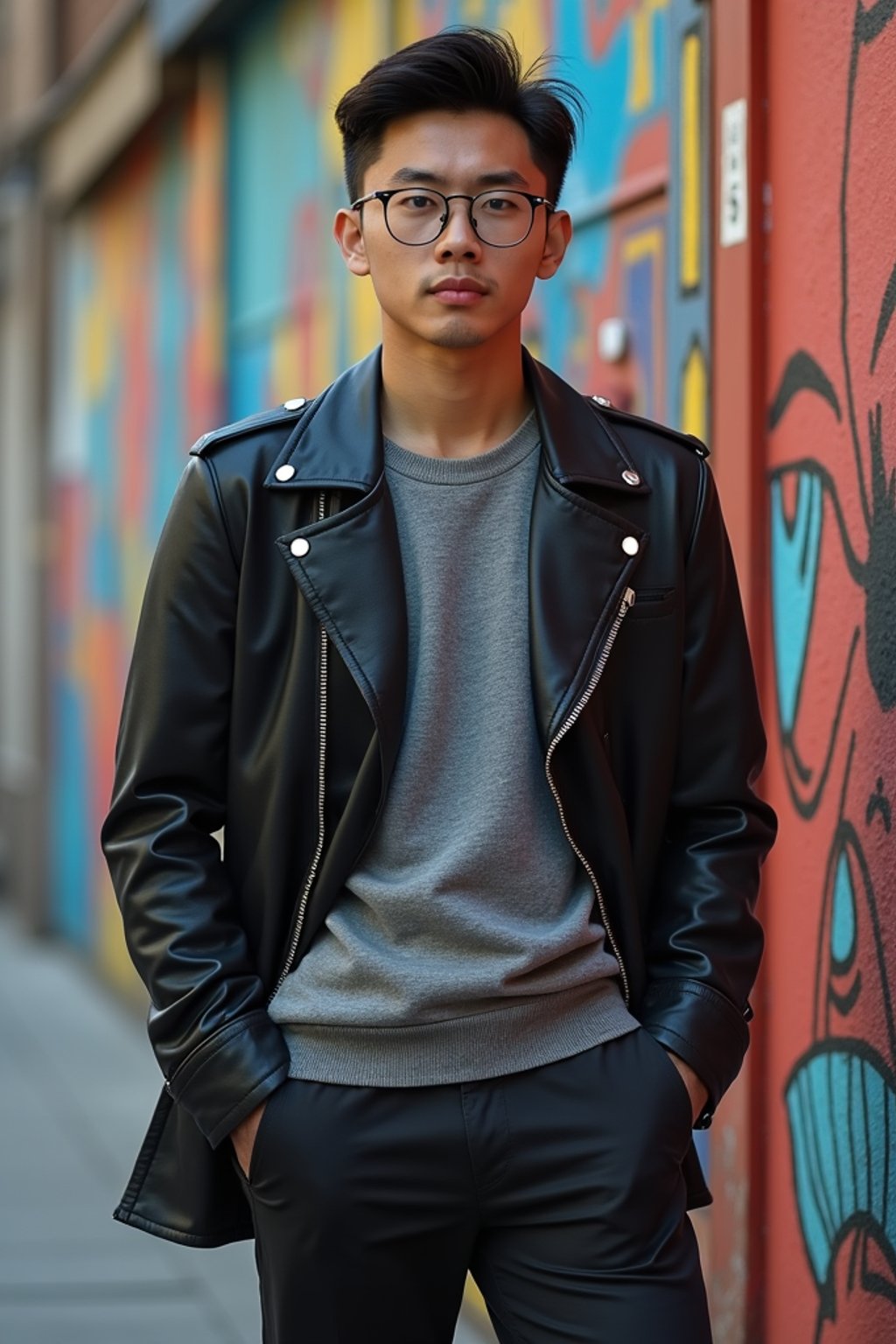 a fashionable masculine  man posing in front of street art