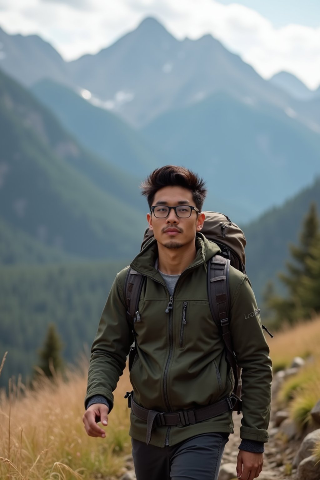 an adventurous masculine  man hiking in the mountains