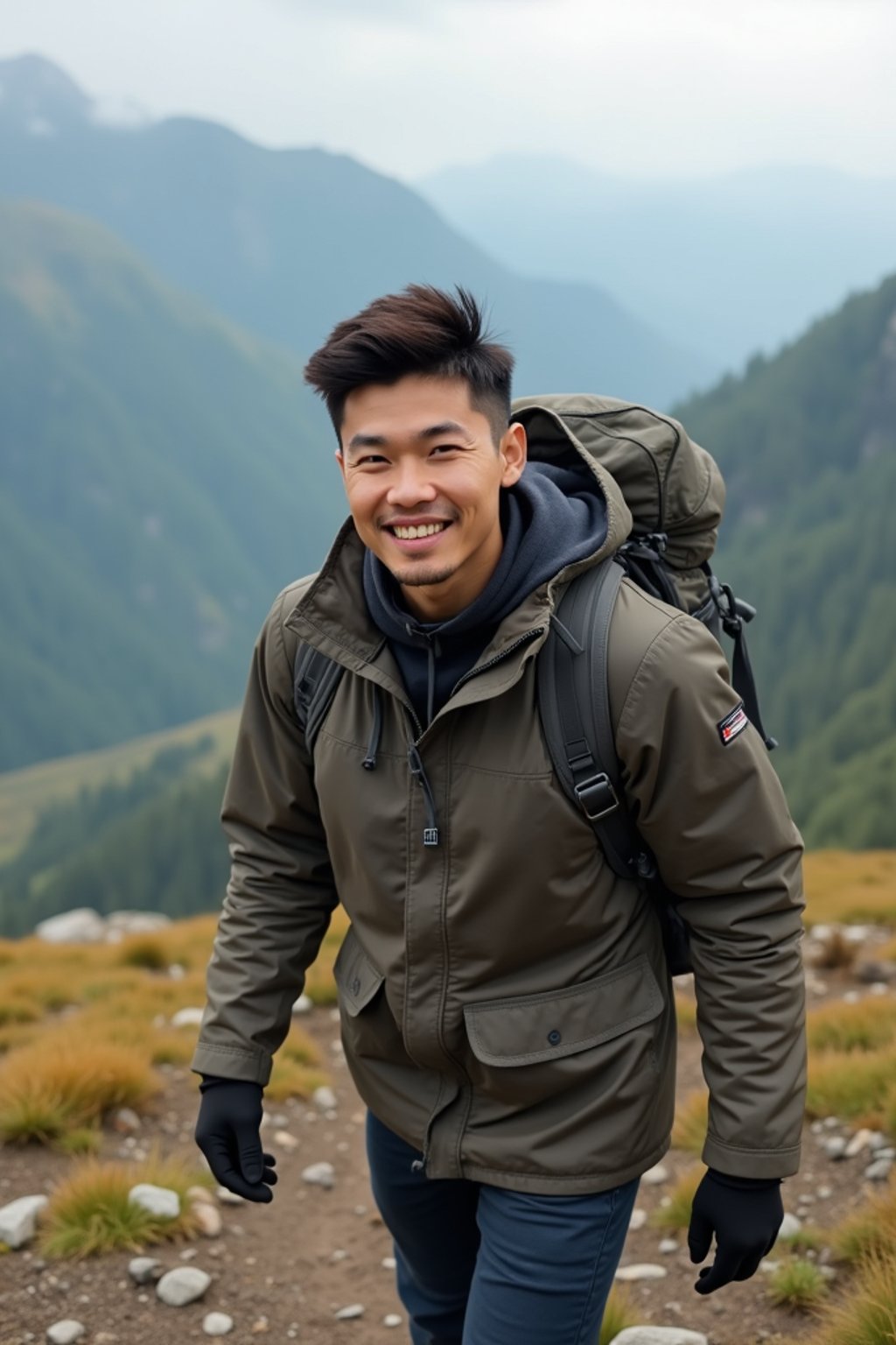 an adventurous masculine  man hiking in the mountains