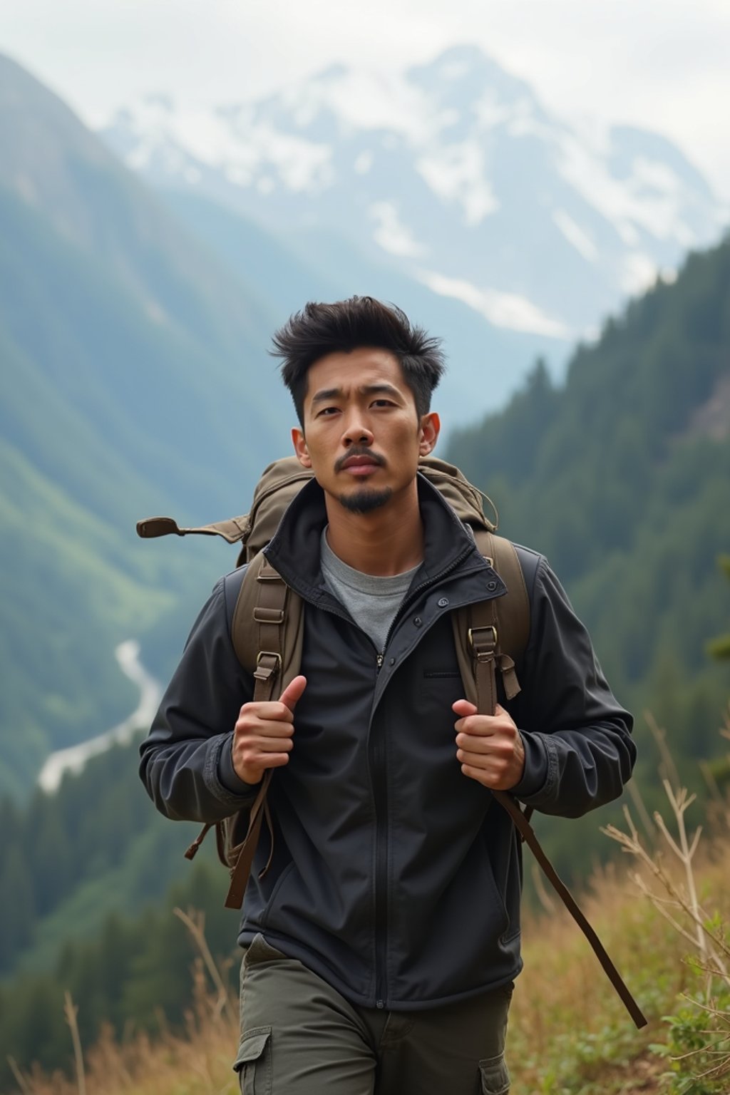 an adventurous masculine  man hiking in the mountains