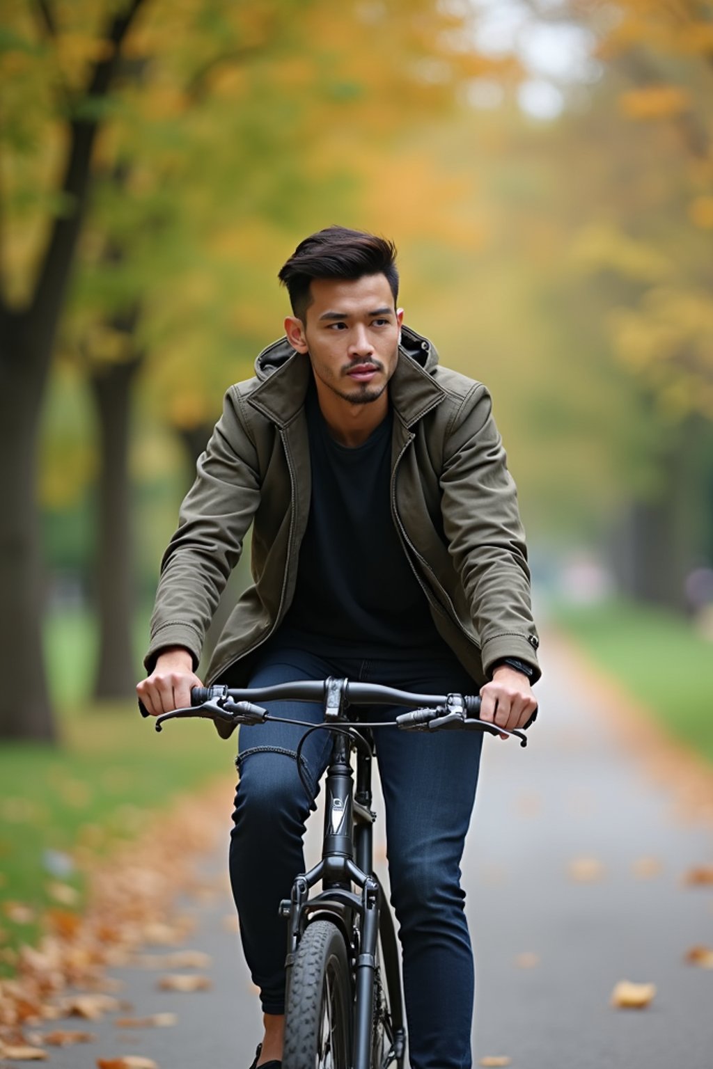 a stylish masculine  man enjoying a leisurely bike ride along a scenic path