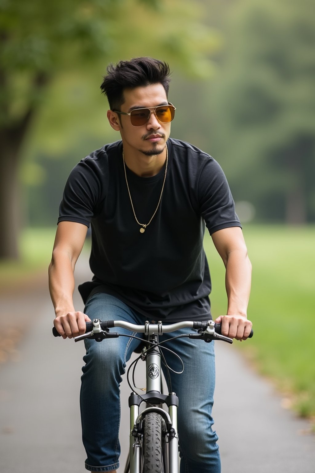 a stylish masculine  man enjoying a leisurely bike ride along a scenic path