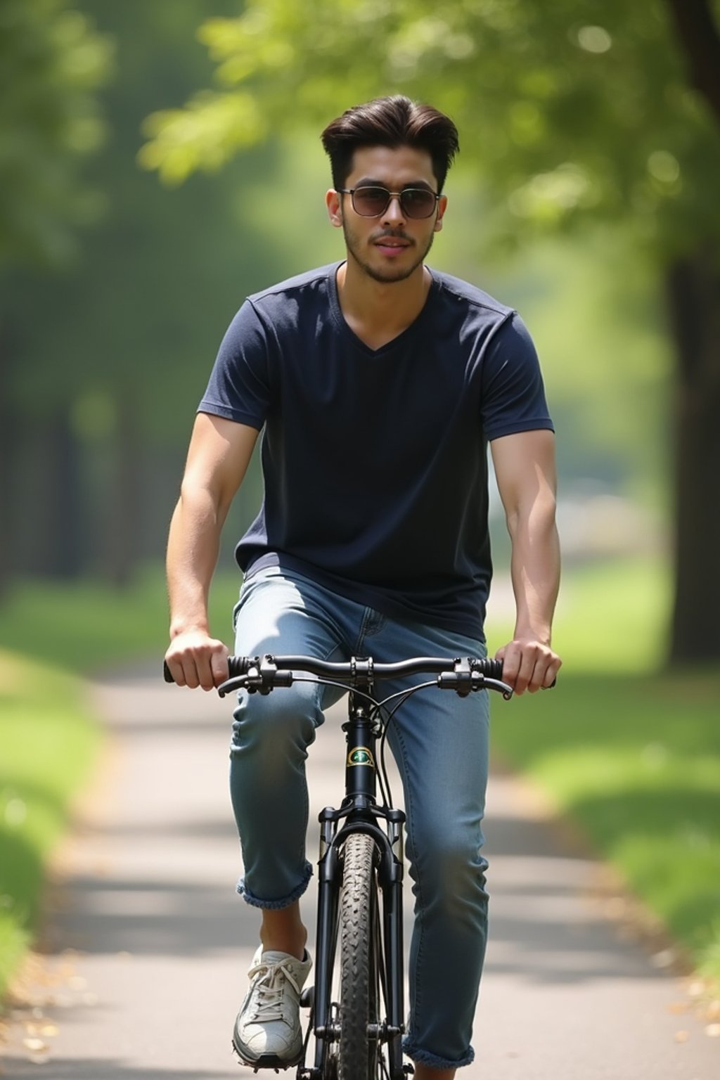 a stylish masculine  man enjoying a leisurely bike ride along a scenic path