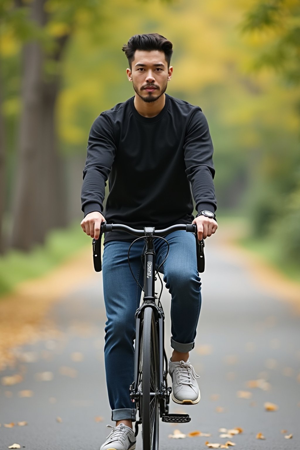 a stylish masculine  man enjoying a leisurely bike ride along a scenic path