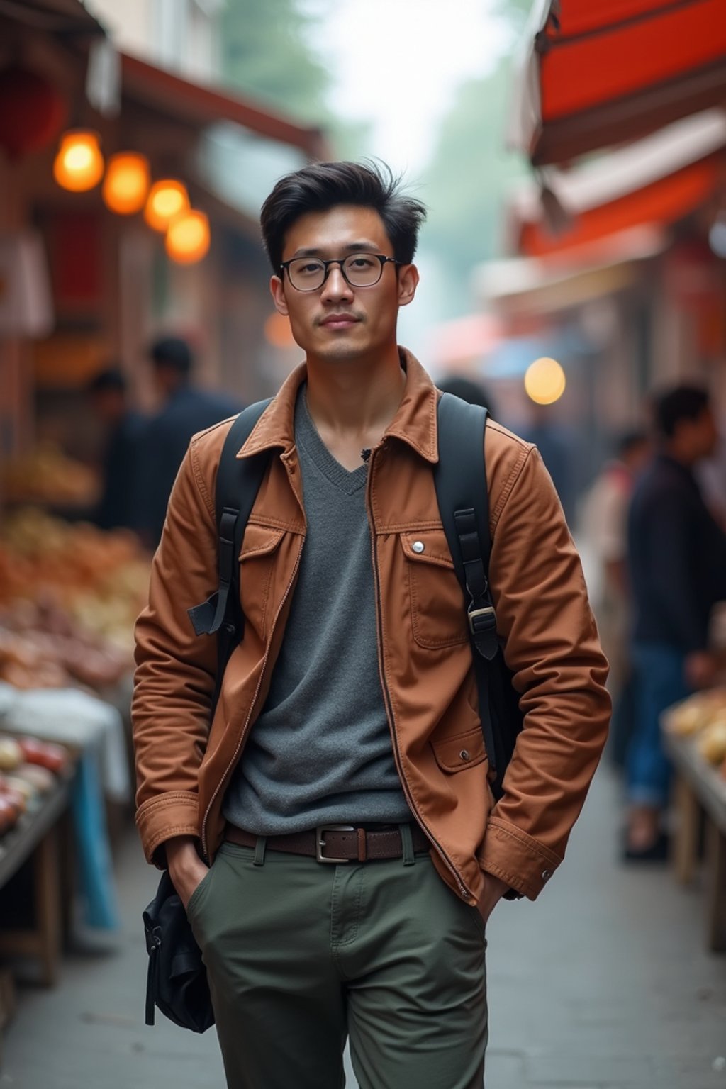 a charismatic masculine  man exploring a street market