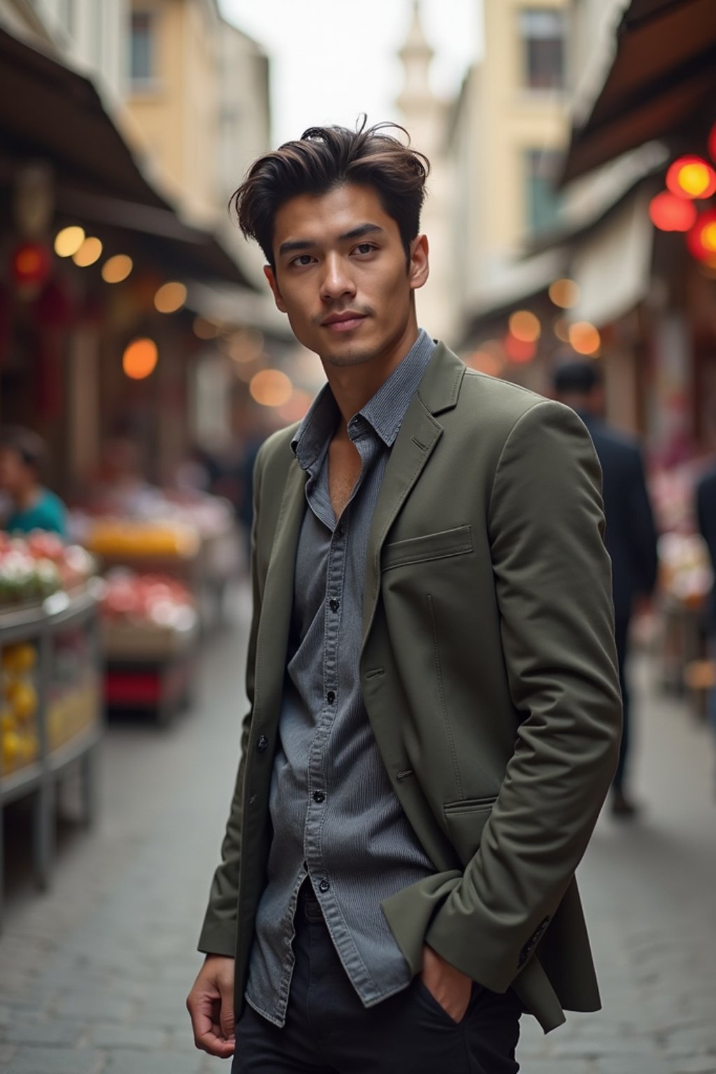 a charismatic masculine  man exploring a street market