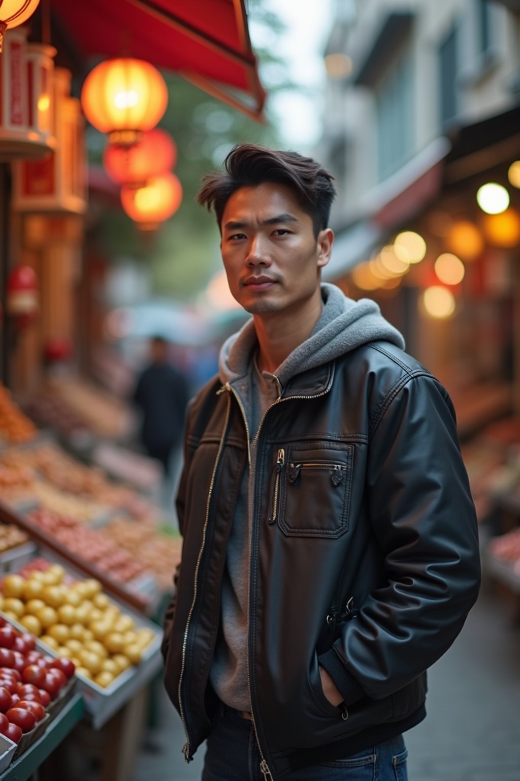 a charismatic masculine  man exploring a street market