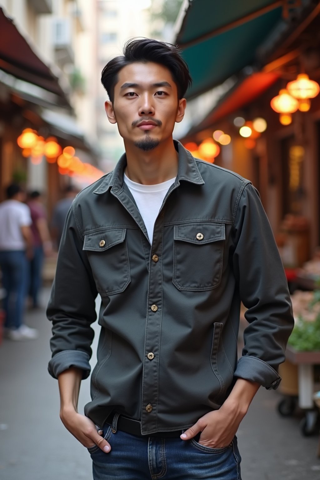 a charismatic masculine  man exploring a street market