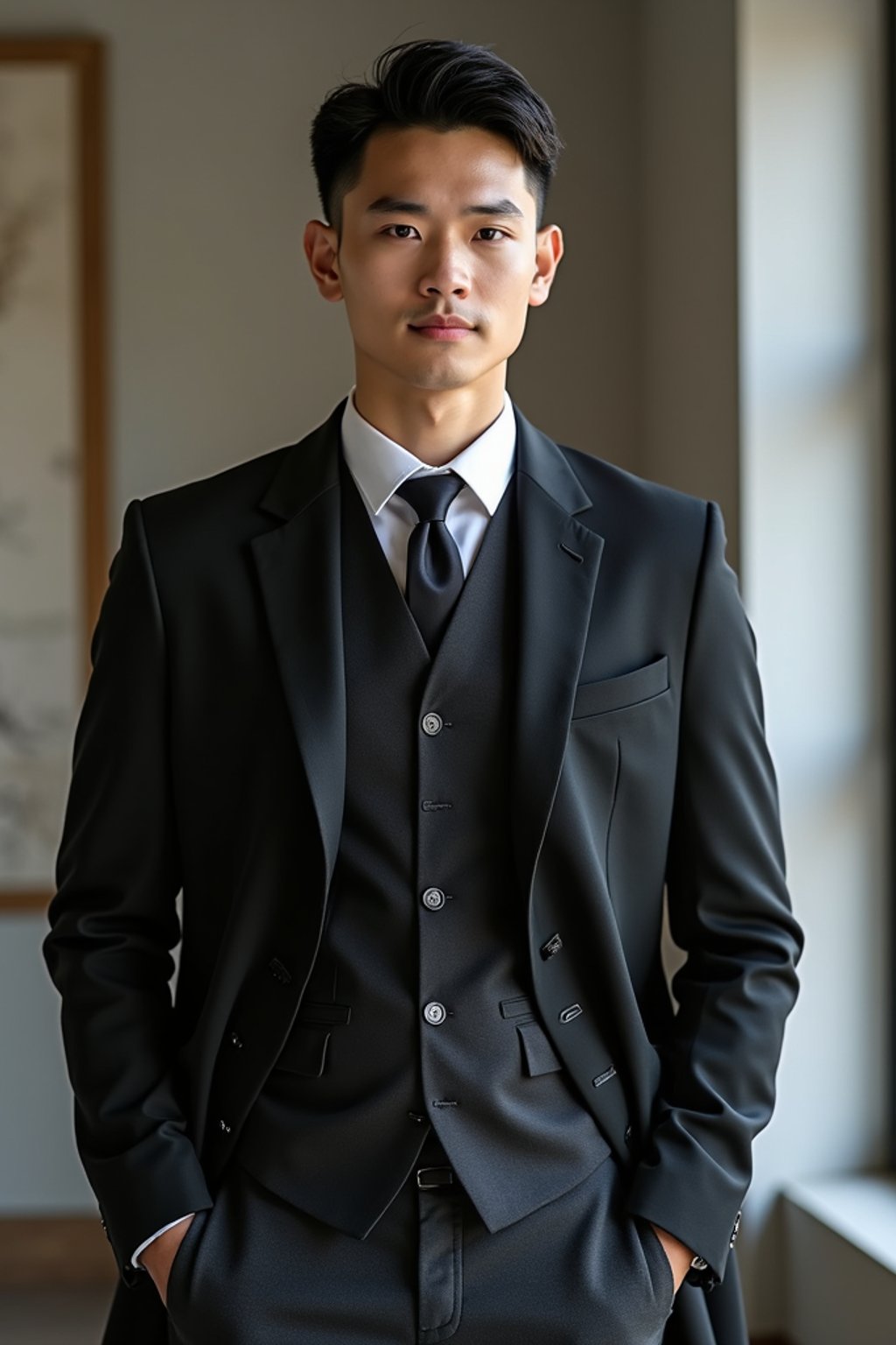 a confident masculine  man dressed in stylish attire