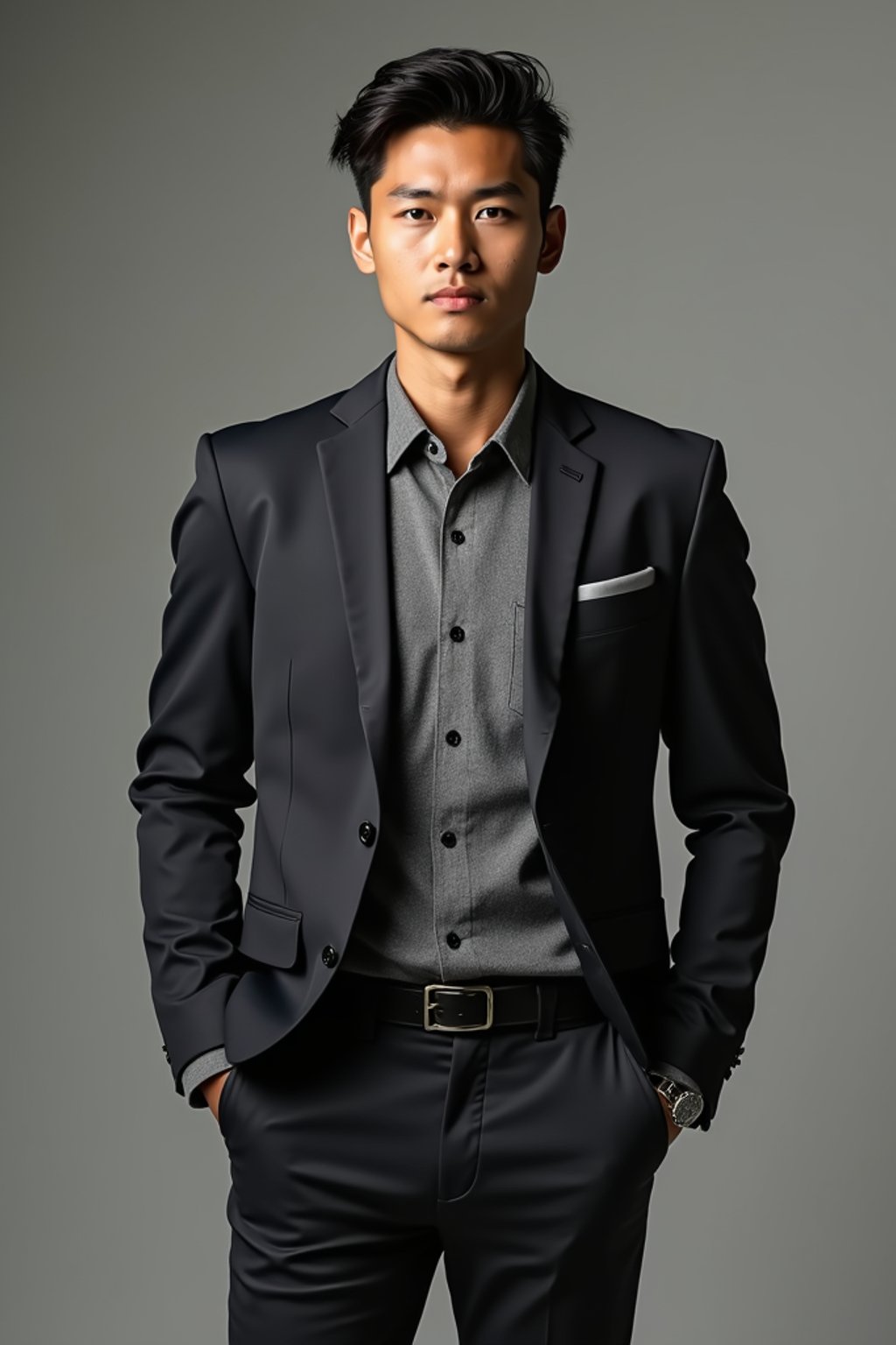 a confident masculine  man dressed in stylish attire