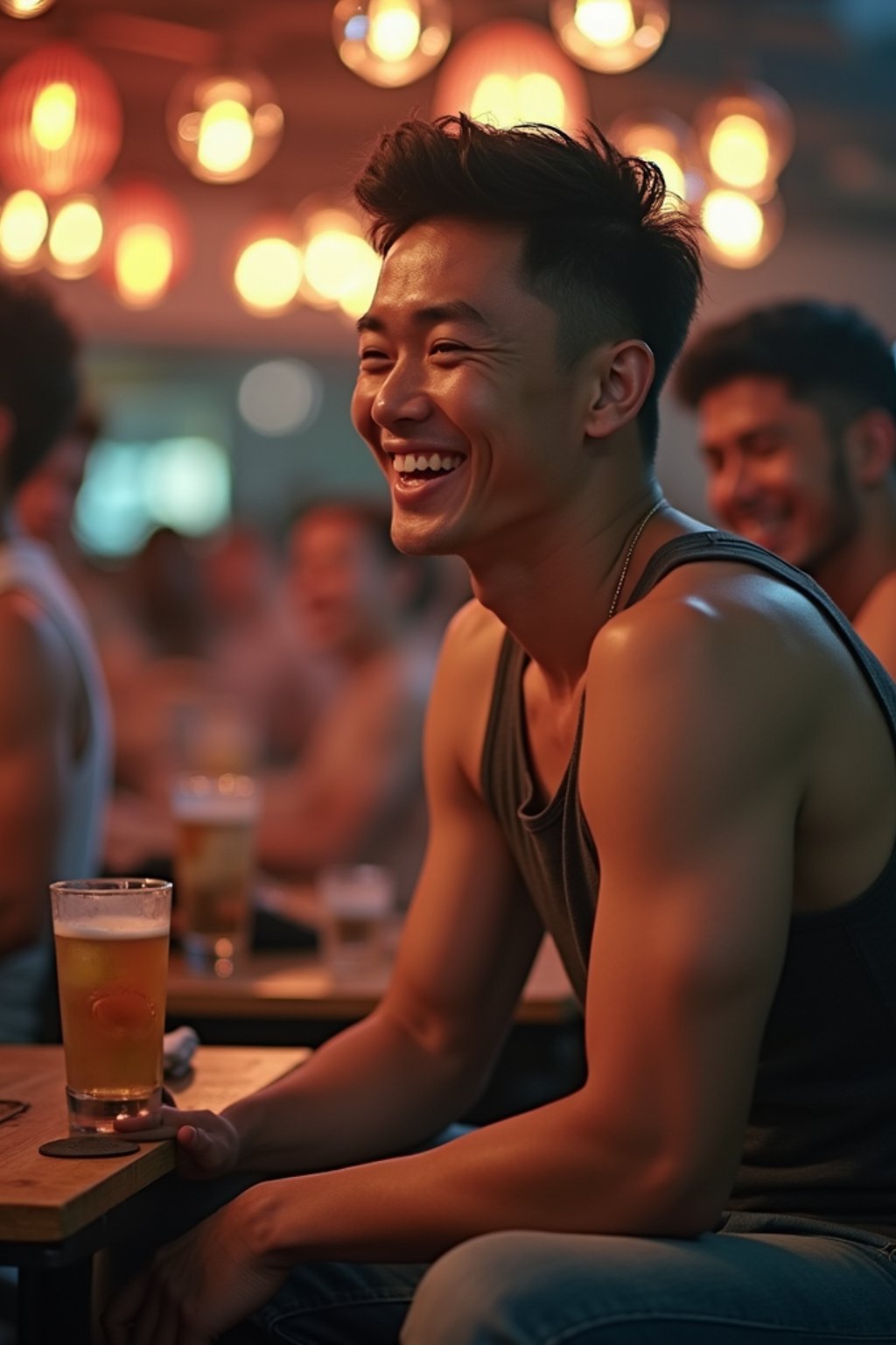 masculine  man laughing and hanging out with friends