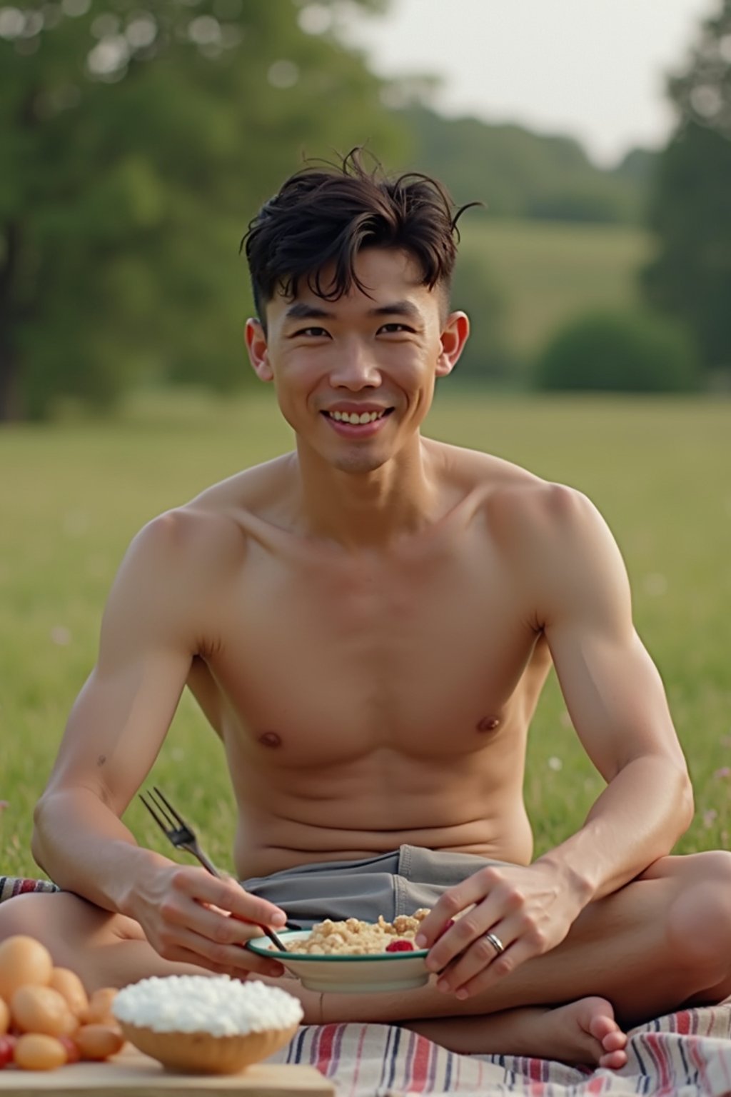 masculine  man having a fun outdoor picnic