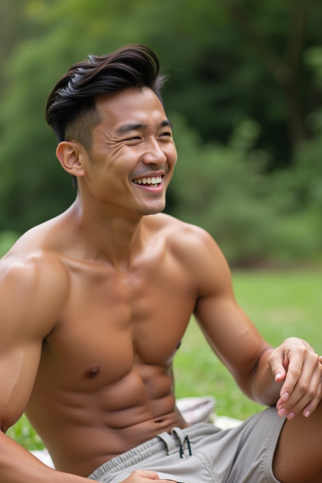 masculine  man having a fun outdoor picnic