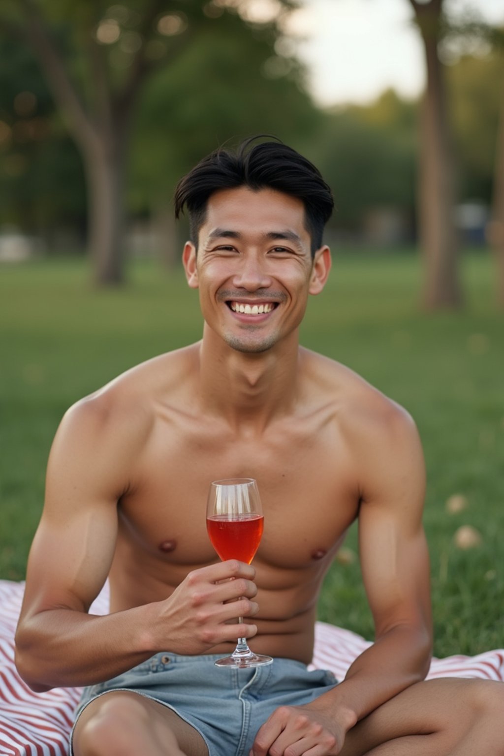 masculine  man having a fun outdoor picnic