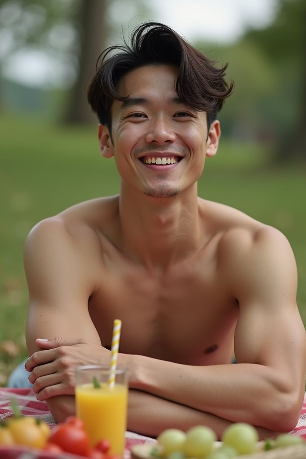 masculine  man having a fun outdoor picnic